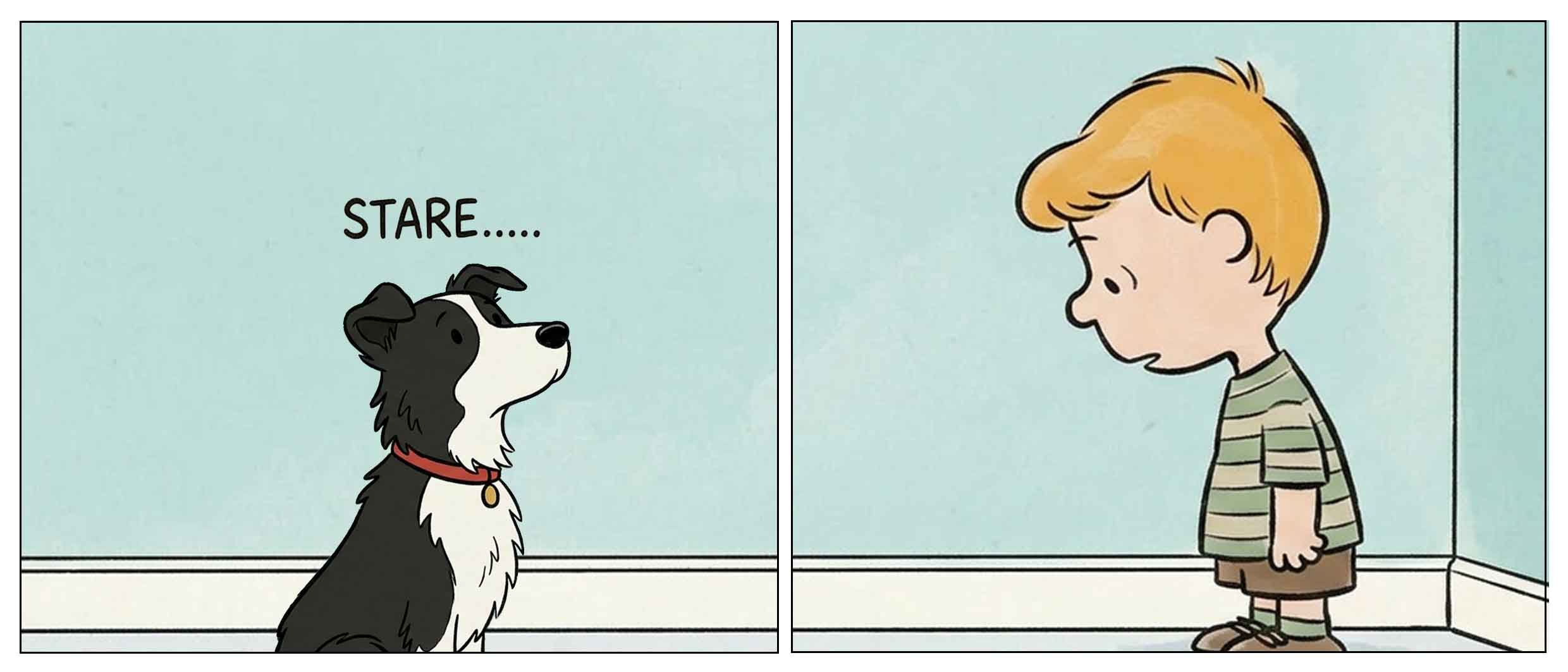 Funny border collie comic strip – intense staring dog makes boy nervous on phone "The Dog That Notices Everything" cartoon by PetsFave