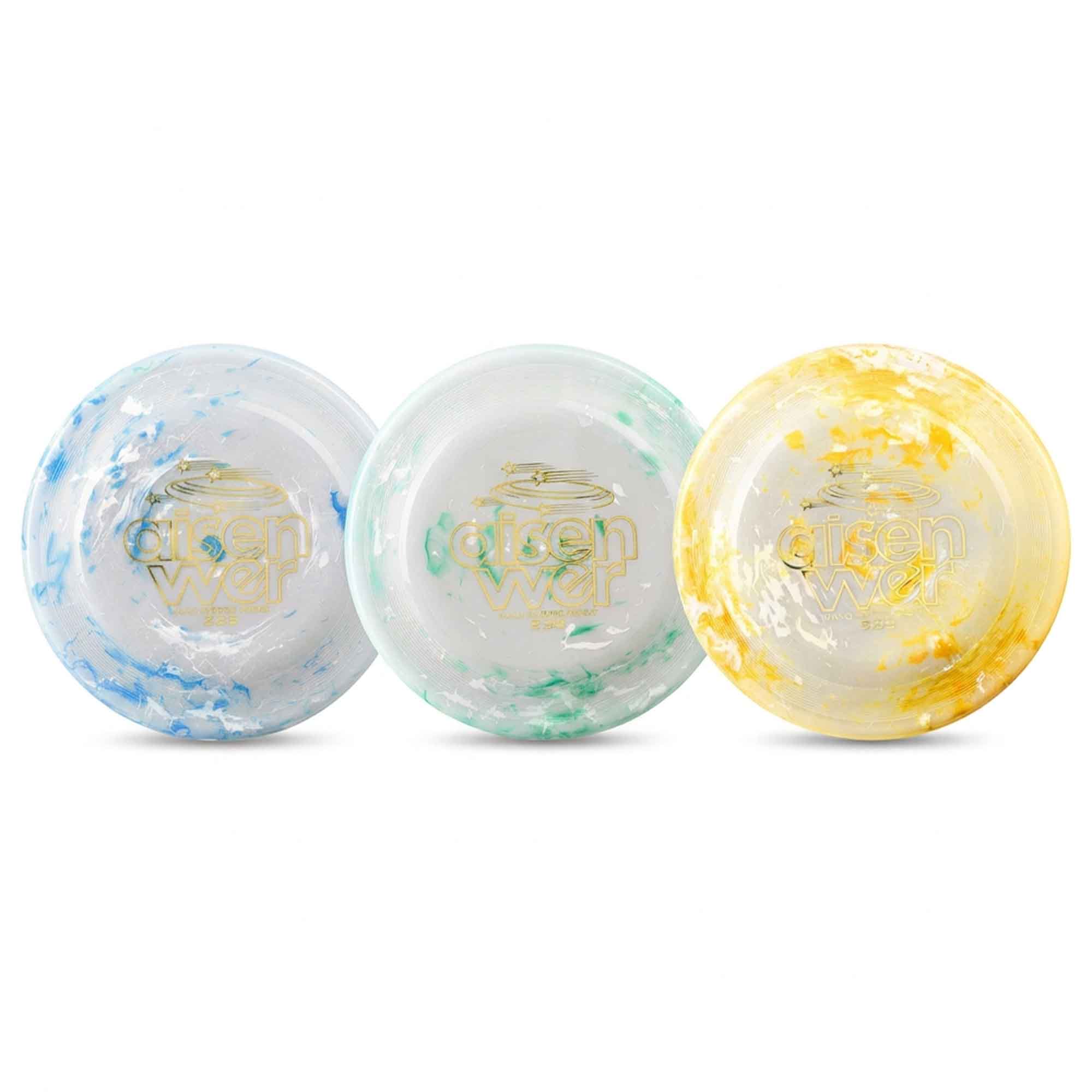 Frisbee dog toy in blue, green, and yellow – premium PE flying disc with anti-slip grip for long, stable flight and safe fetch play
