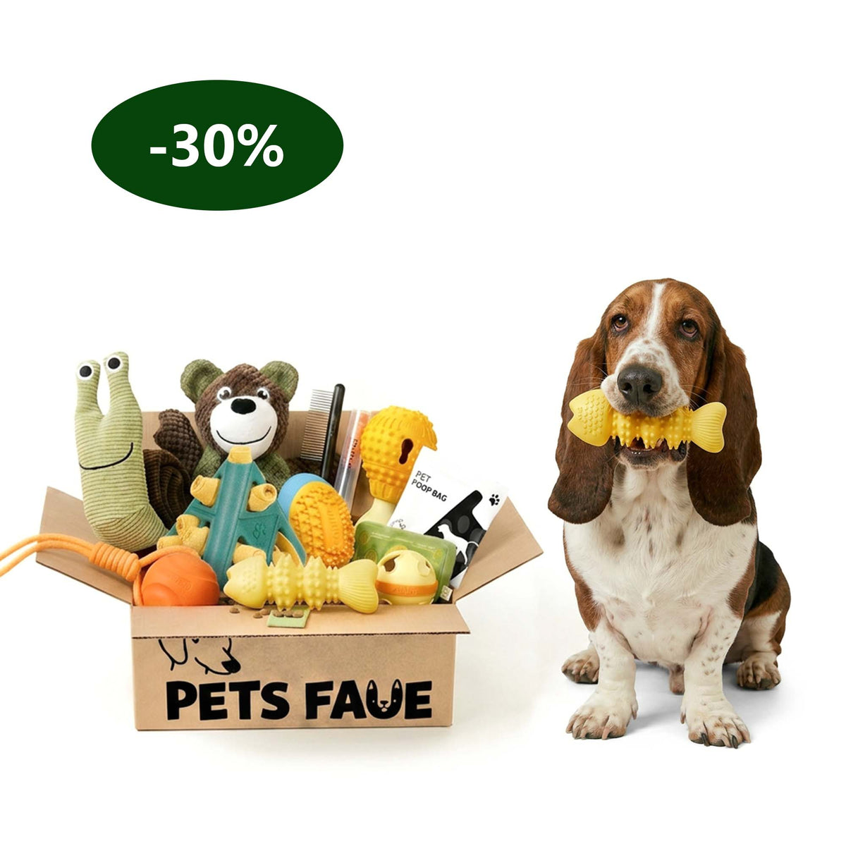 Basset Hound sitting happily with PetsFave Durable Textured Bone Dog Chew Toy in mouth next to a full toy bundle box, perfect dog toy gift set