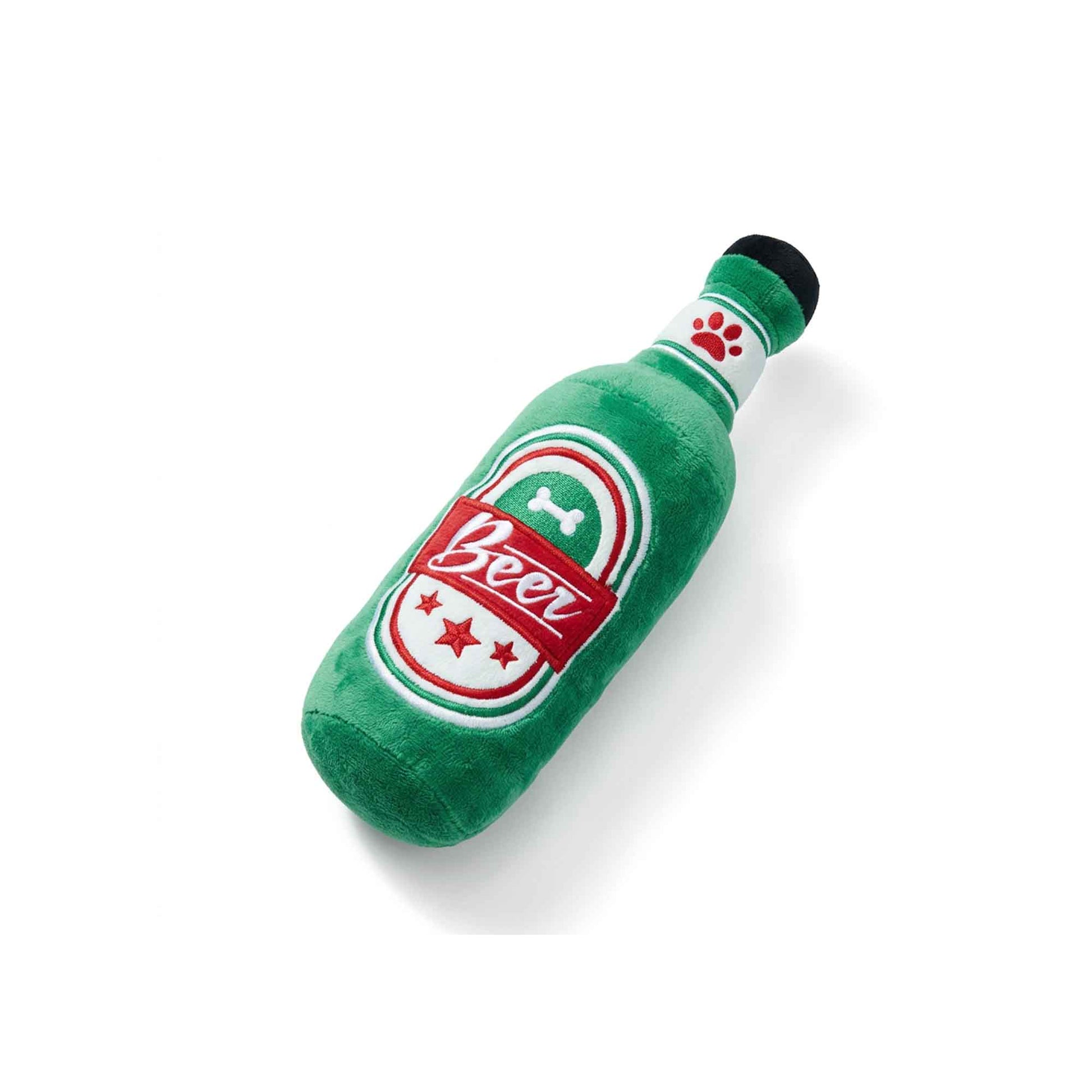 Classic green beer bottle plush dog toy with bone and star accents – interactive squeaker pet toy