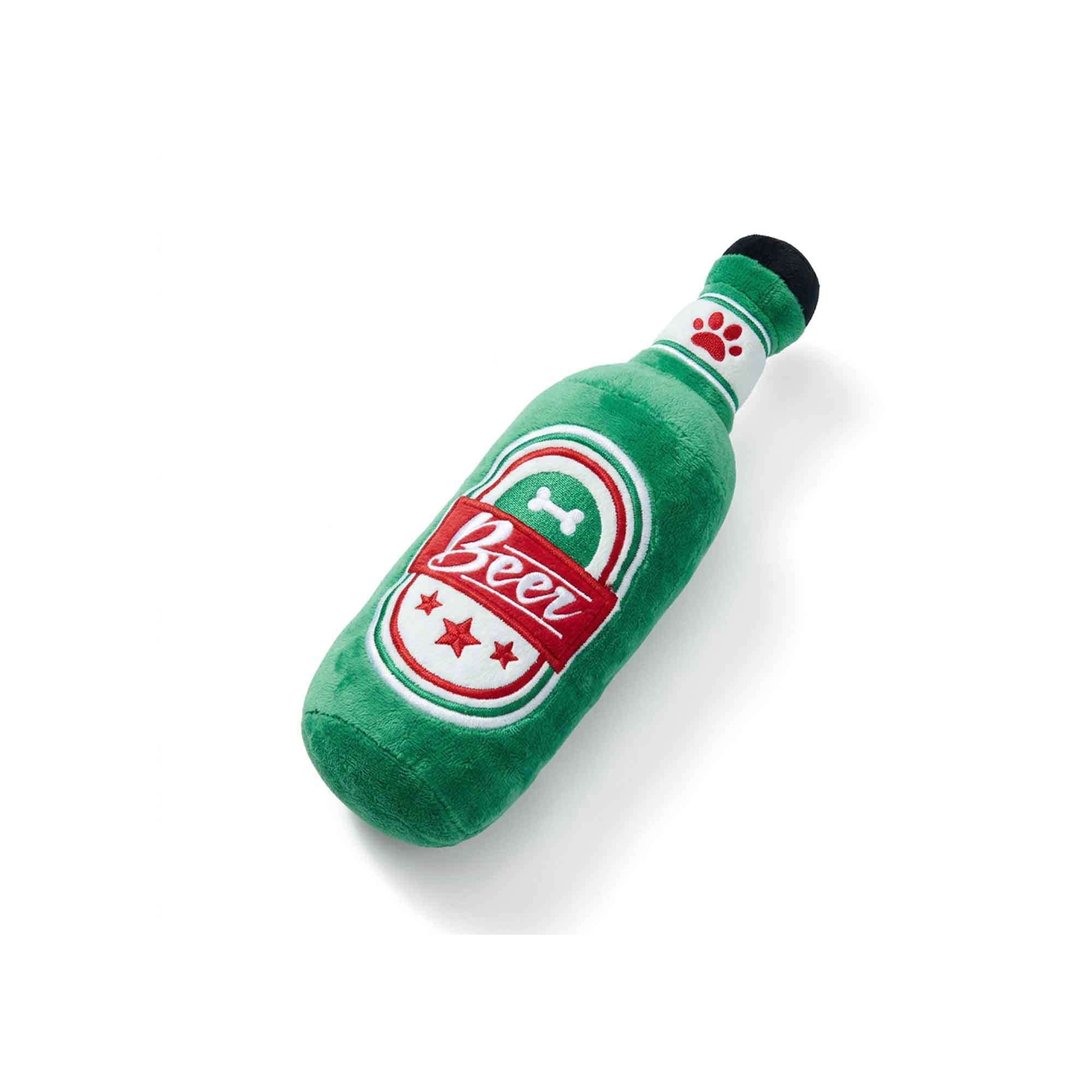 Classic green beer bottle plush dog toy with bone and star accents – interactive squeaker pet toy