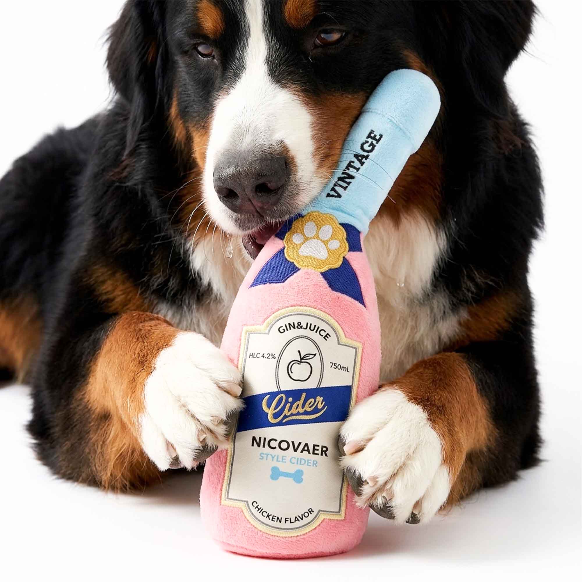 Large Bernese Mountain Dog holding whiskey bottle plush dog toy – funny pet gift idea