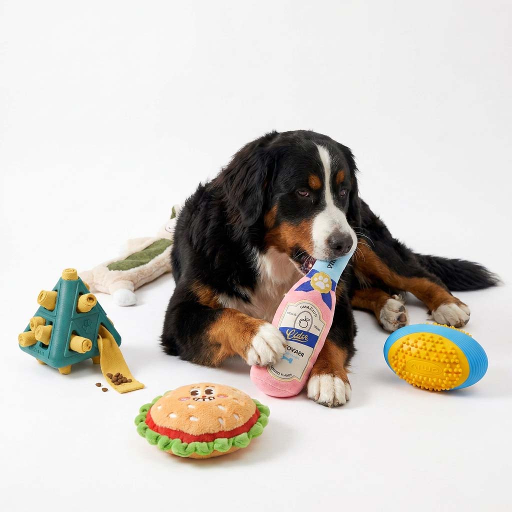 Bernese Mountain Dog lying down holding a pink cider bottle toy from the Petsfave Working Group bundle, with burger plush, green pyramid treat toy and blue yellow ball nearby