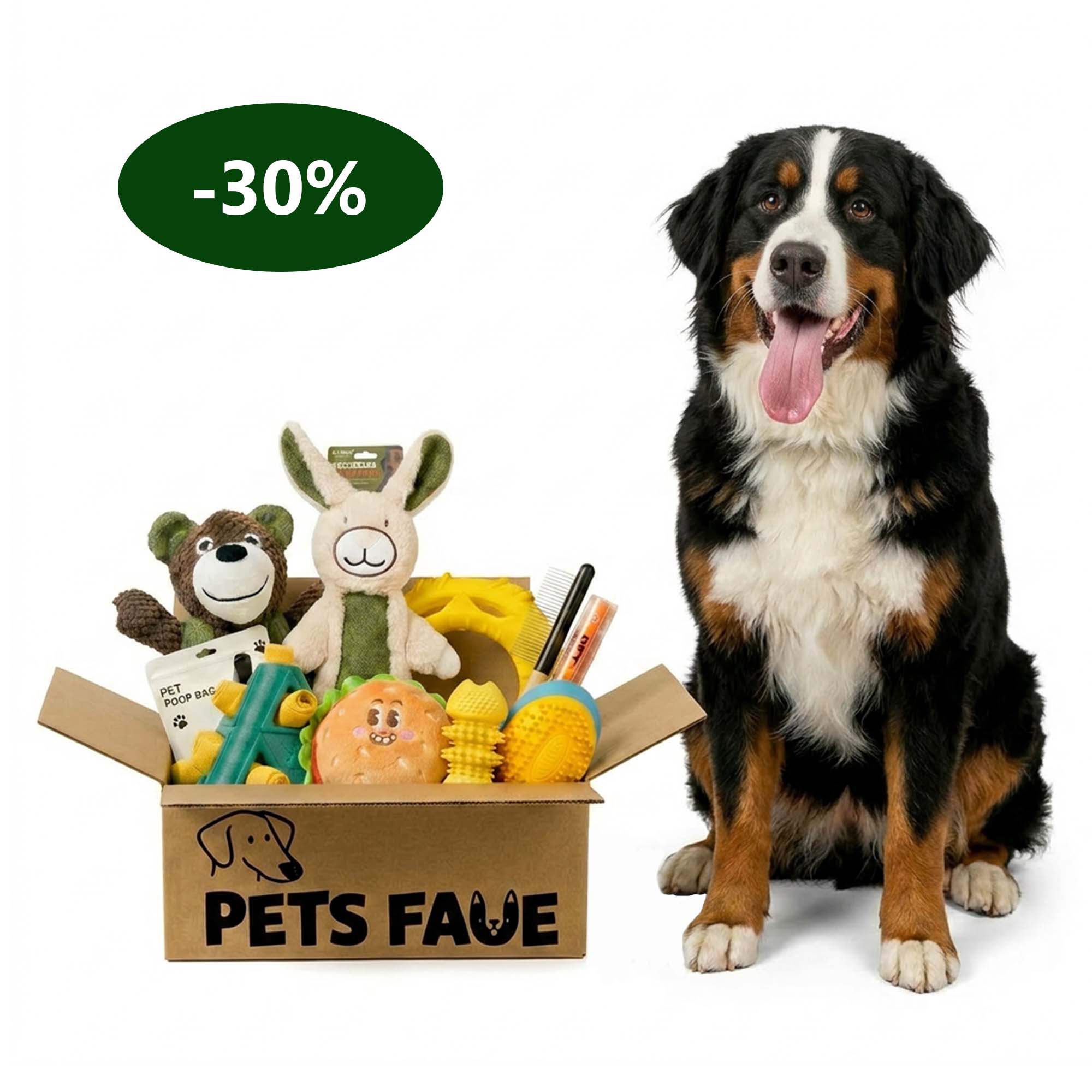 Large Bernese Mountain Dog sitting proudly next to PetsFave toy bundle box containing plush rabbit, bear, burger toy, and dental chews