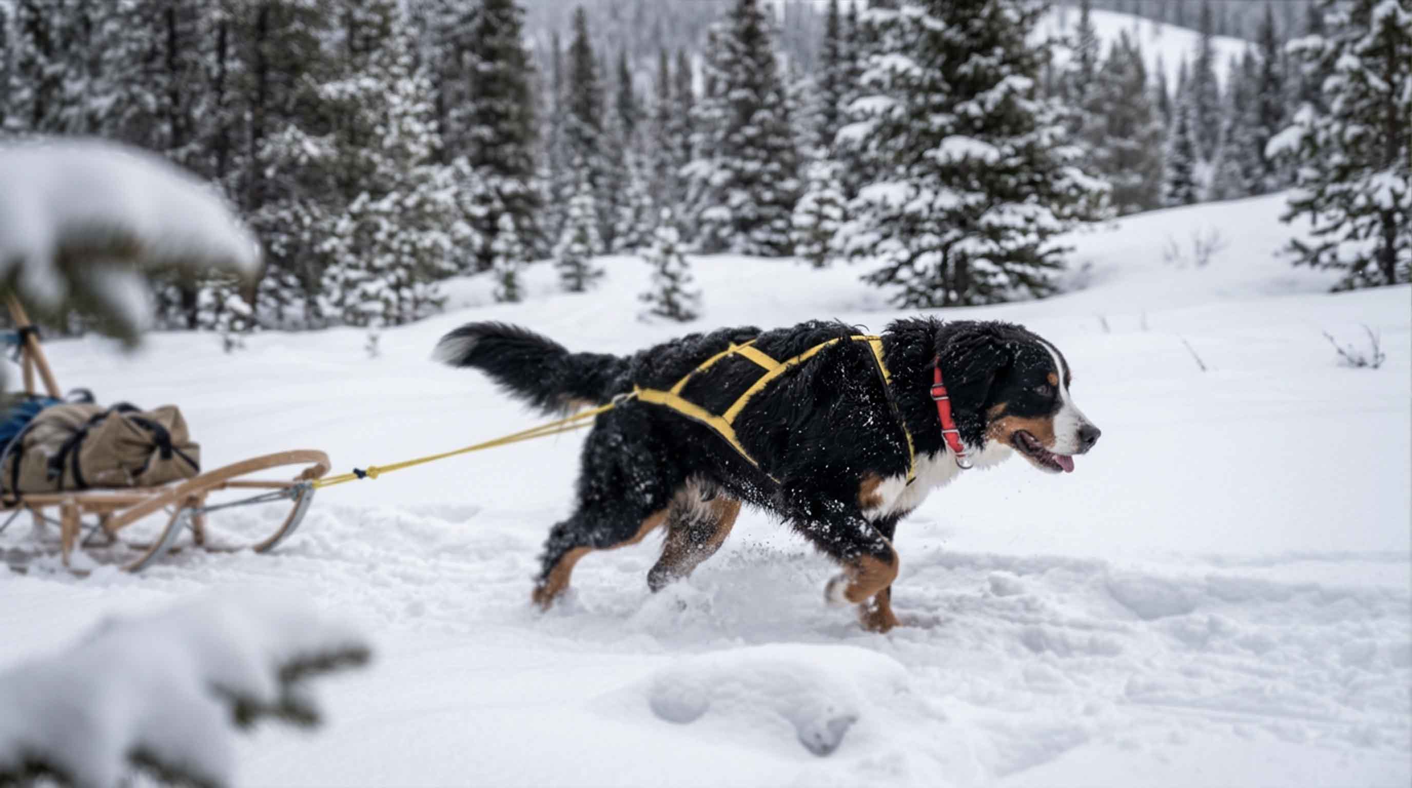 Powerful Bernese Mountain Dog running through snow pulling a sled – showcasing the strength and energy of Working Group breeds with our dog toys bundle