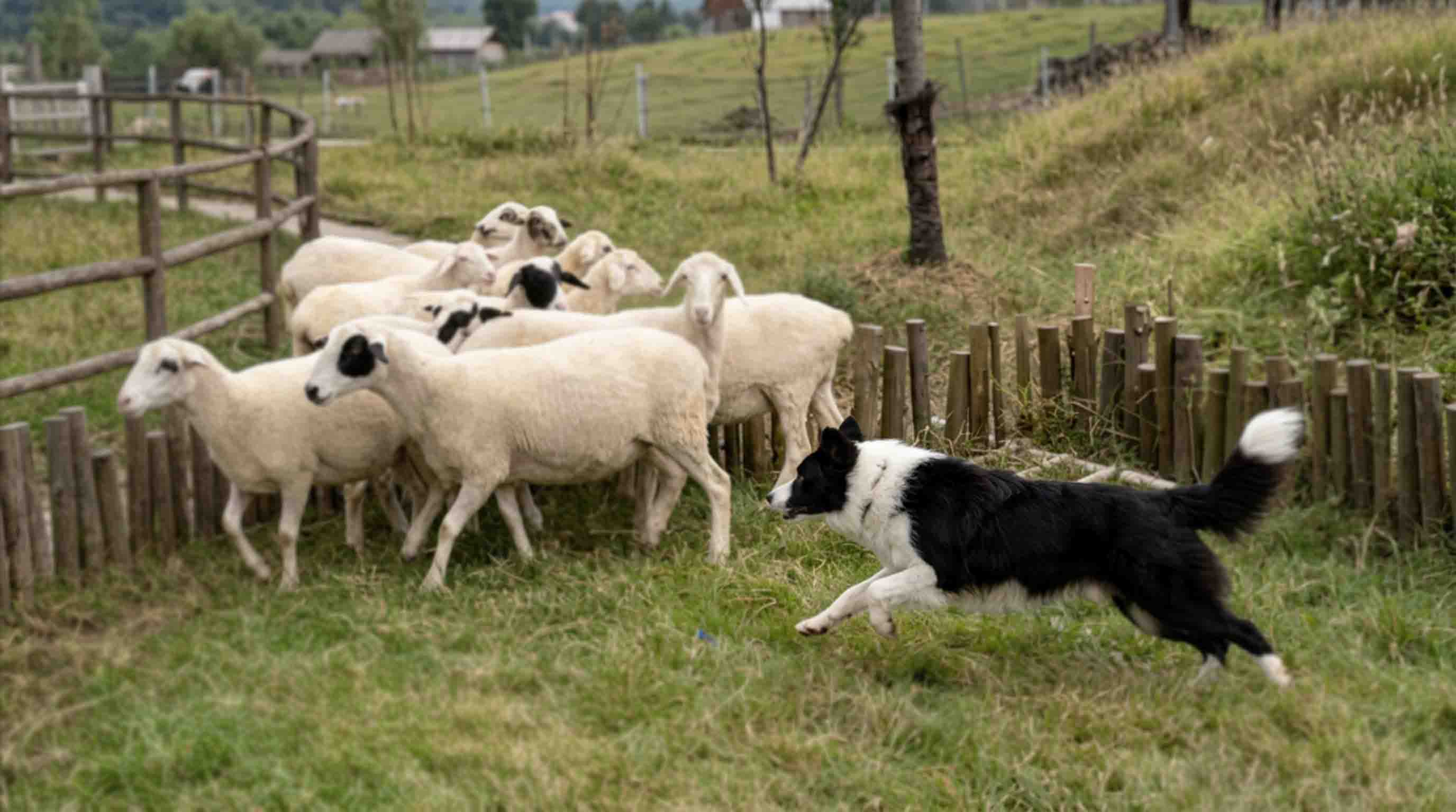 Border Collie herding sheep in a grassy field – showcasing the natural herding instinct of Herding Group breeds with our dog toys bundle