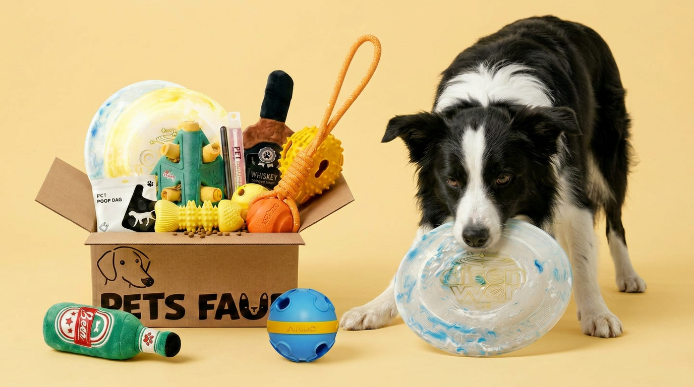 Border Collie holding a frisbee next to open Pets Fave box filled with Herding Group dog toys bundle, including chew toys, puzzle toys, and plush items