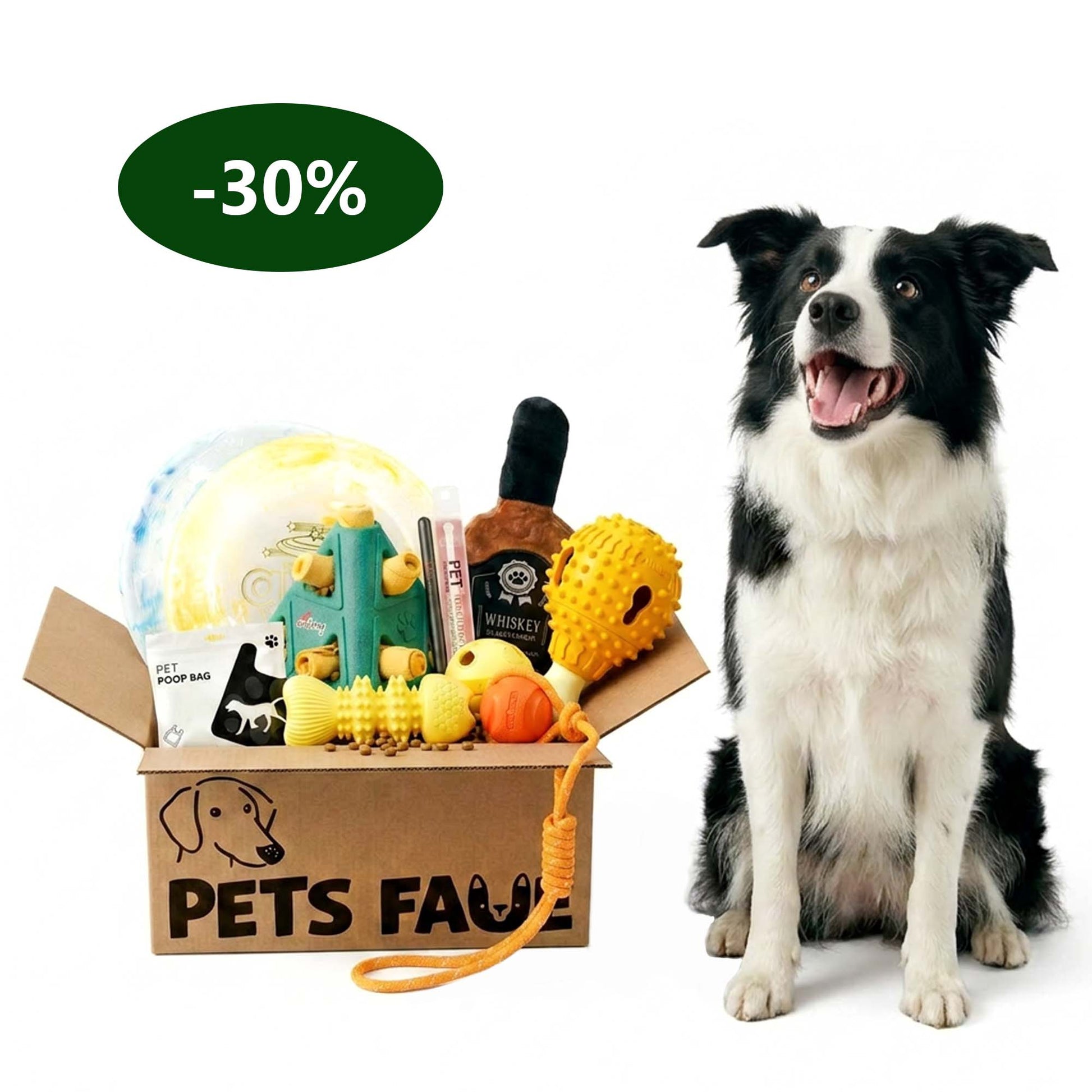 Black and white Border Collie smiling beside PetsFave toy bundle box with plush whiskey bottle, spiky balls, and interactive dog toys