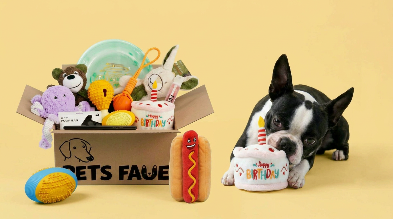 Boston Terrier lying down with birthday cake plush toy next to open Pets Fave box filled with Non-Sporting Group dog toys bundle