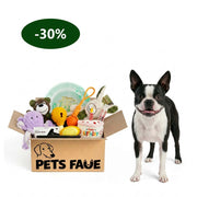Black and white Boston Terrier standing beside PetsFave group toy bundle box with cake plush, purple octopus, and fun dog toys
