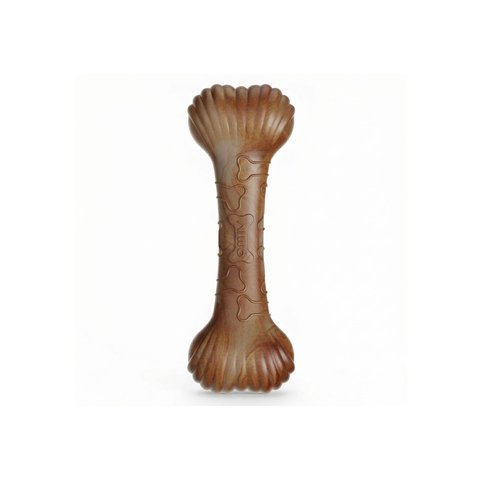 Brown marble shell bone dog chew toy made of durable non-toxic TPR rubber, featuring scalloped ends and textured surface for dental care