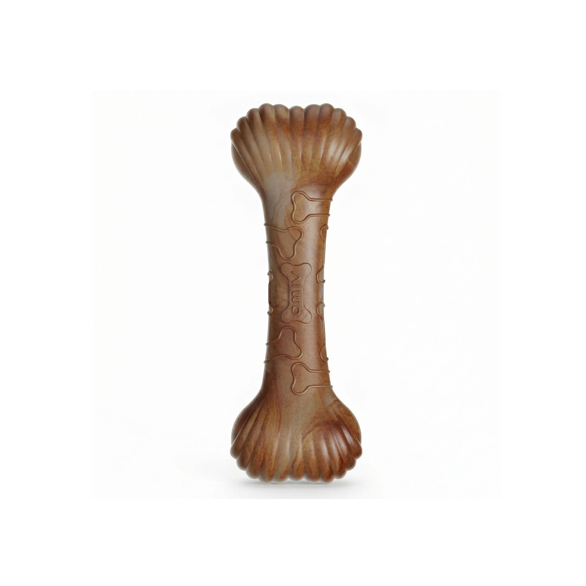 Brown marble shell bone dog chew toy made of durable non-toxic TPR rubber, featuring scalloped ends and textured surface for dental care