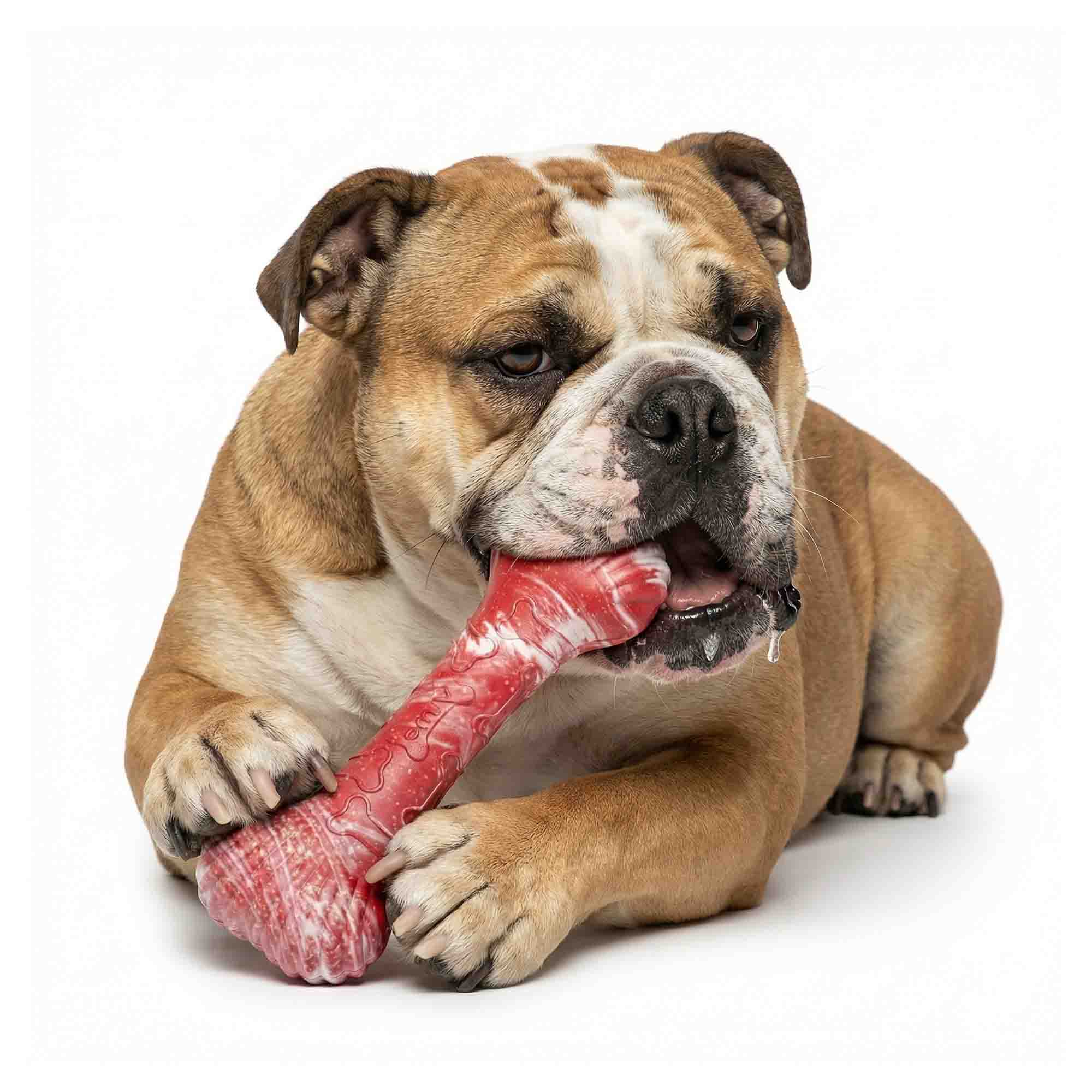 Happy English Bulldog chewing on red marble shell bone dog chew toy, demonstrating its durability and appeal for aggressive chewers