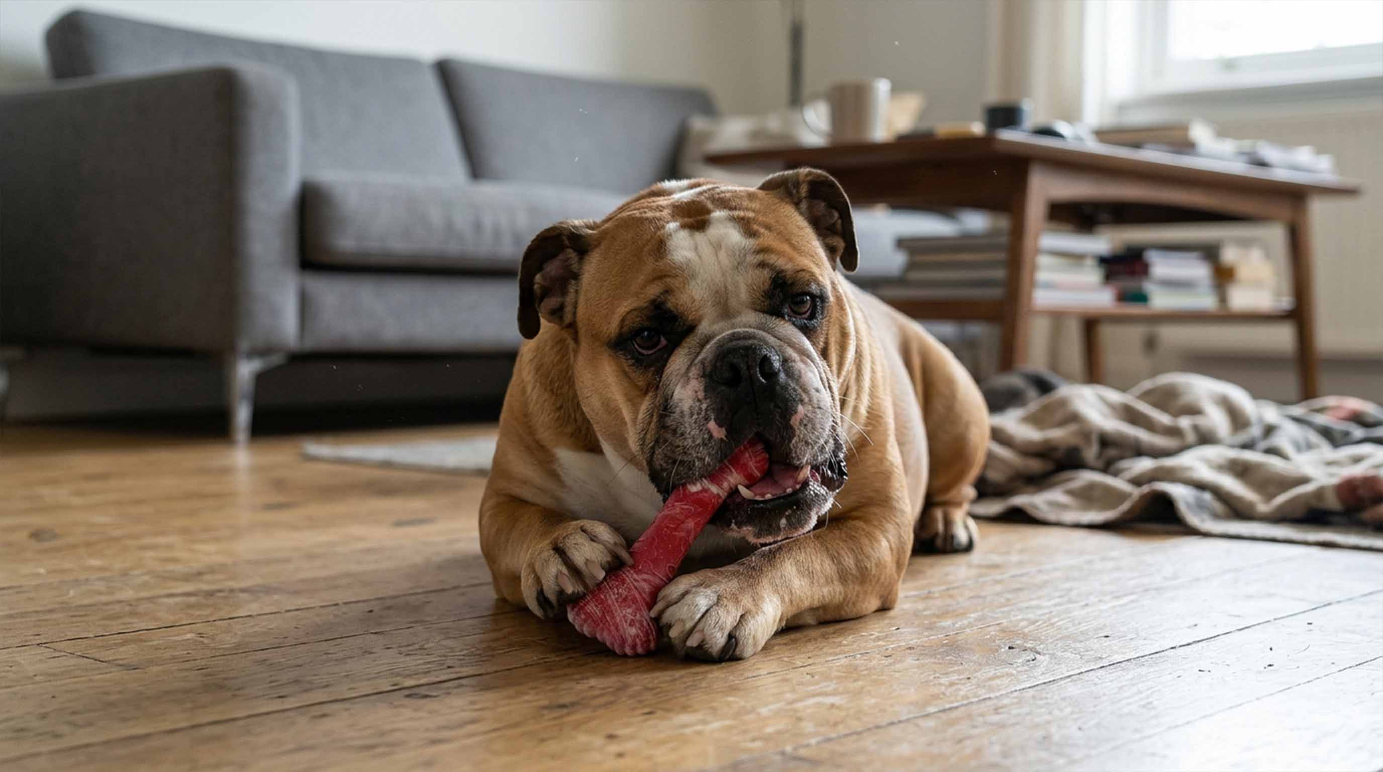 English Bulldog lying comfortably on a wooden floor chewing the red marble Durable Textured Bone Dog Chew Toy, illustrating its effectiveness for teeth cleaning, plaque removal, and gum massage during relaxed play
