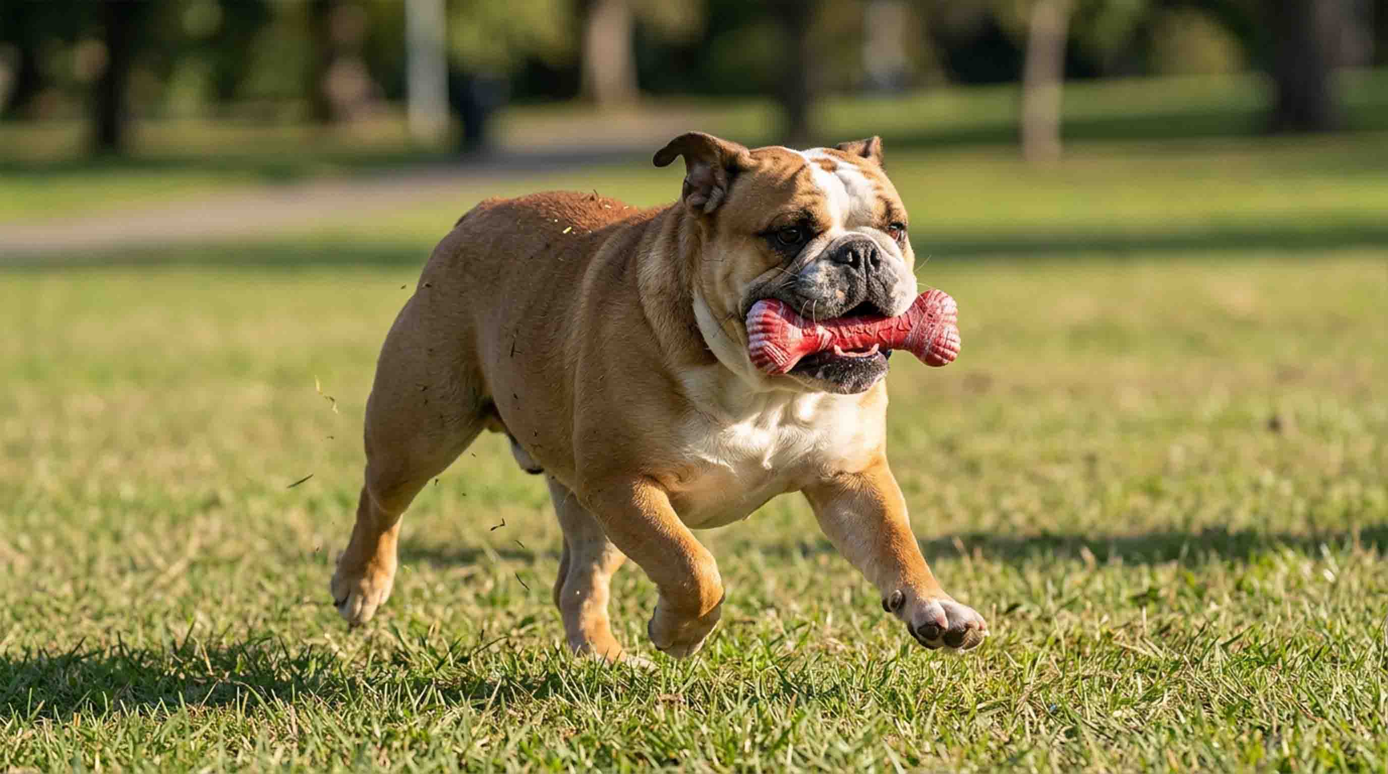 English Bulldog running energetically across a grassy park with the Durable Textured Bone Dog Chew Toy in its mouth, demonstrating the toy’s durability for active outdoor play and dental care