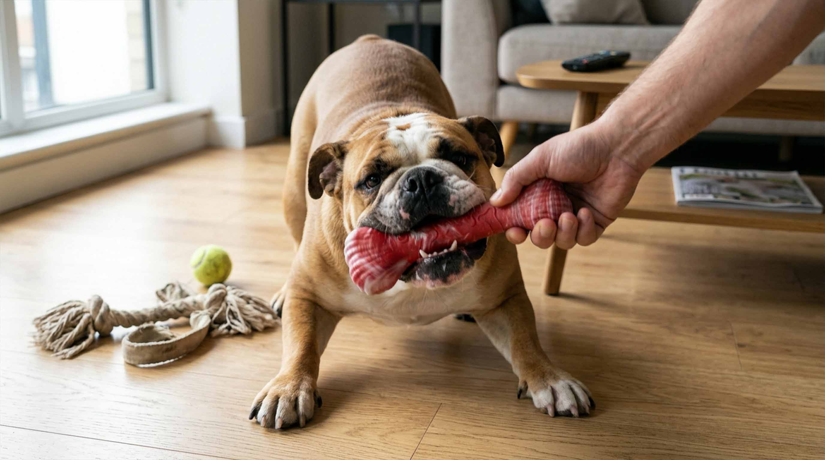 English Bulldog engaged in a strong tug-of-war with the Durable Textured Bone Dog Chew Toy held by a human hand, showcasing its excellent grip strength and durability for aggressive chewers