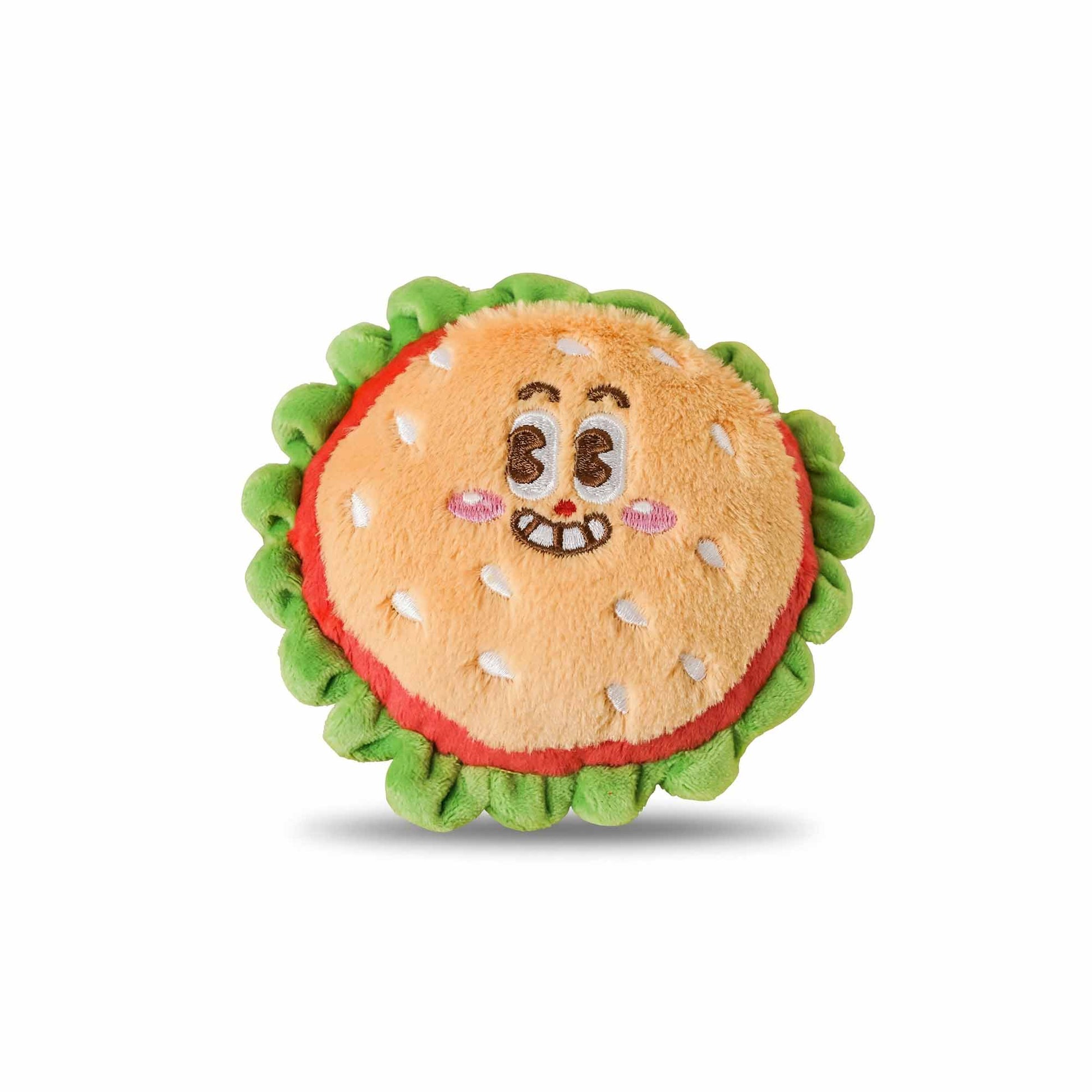 Cute burger plush dog toy with green lettuce and smiling face – soft squeaky plush for mental stimulation, cuddling, and safe play