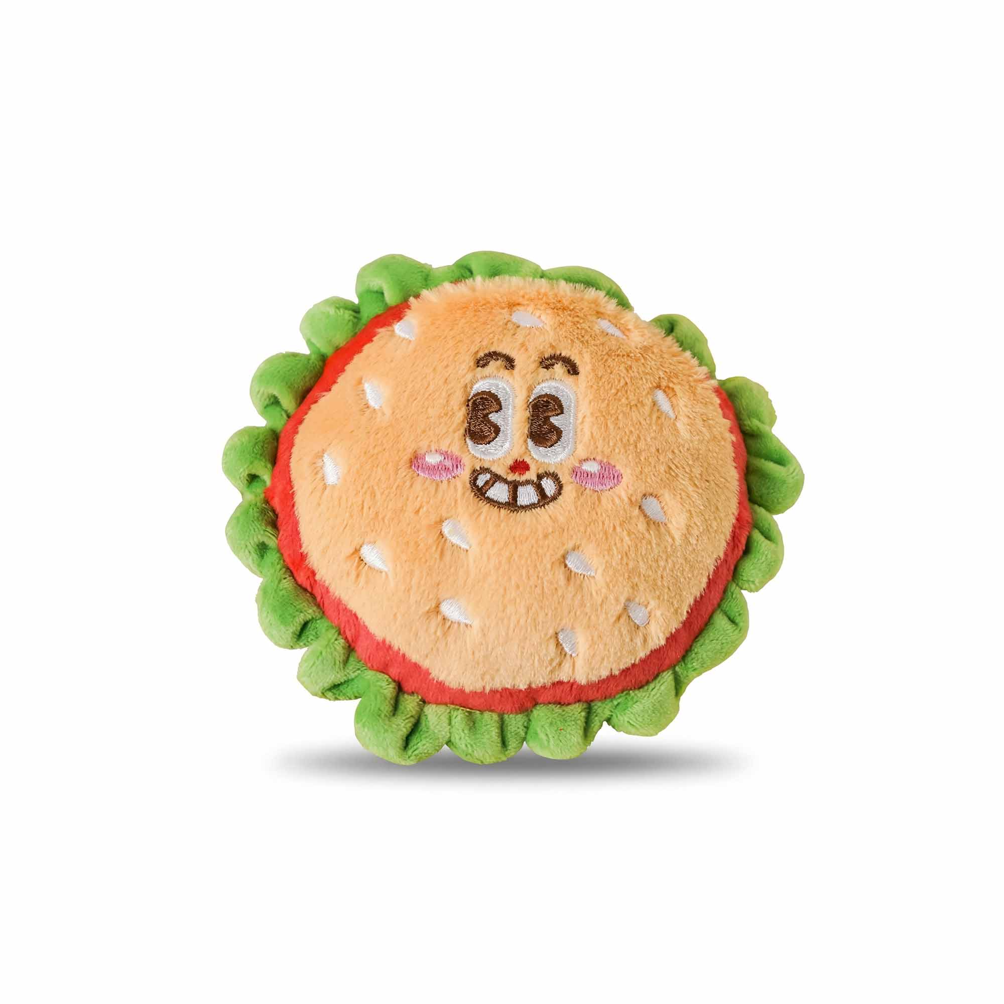 Cute burger plush dog toy with green lettuce and smiling face – soft squeaky plush for mental stimulation, cuddling, and safe play