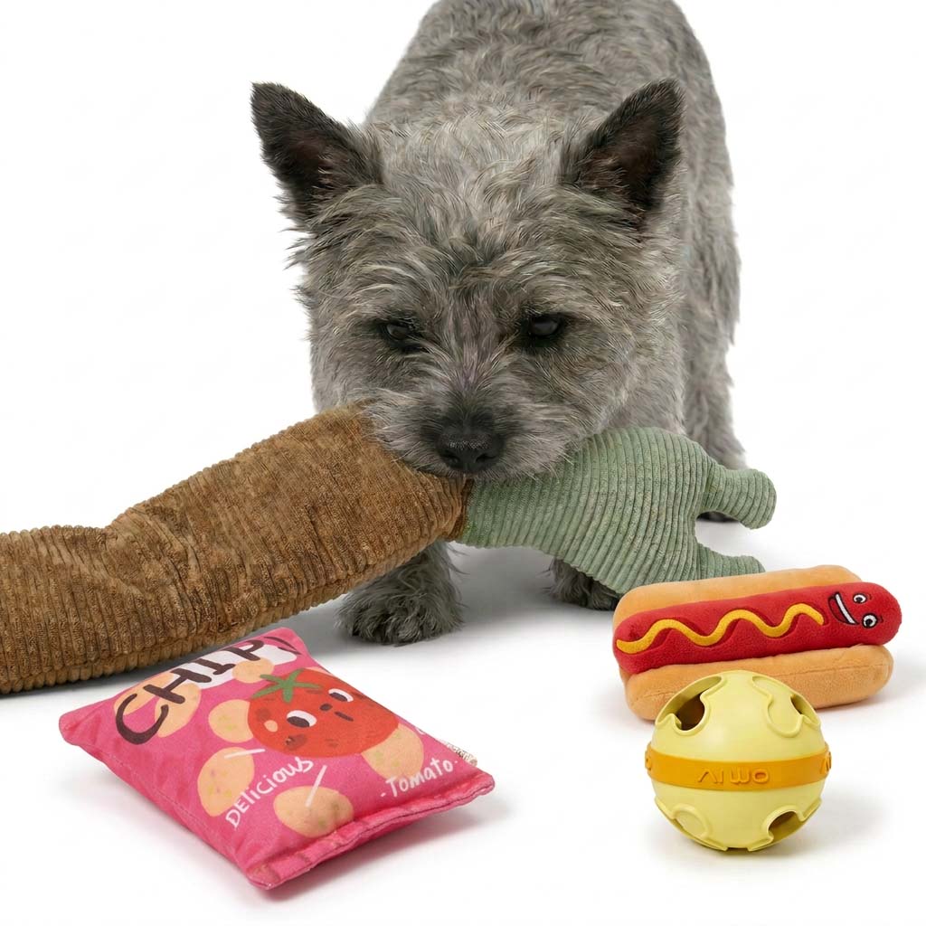 Gray Cairn Terrier dog holding a corduroy bone toy from the Petsfave terrier toy bundle, with pink chips bag, hot dog, and AIWO ball toys on white background
Image 2 (dog holding hot dog next to open box)