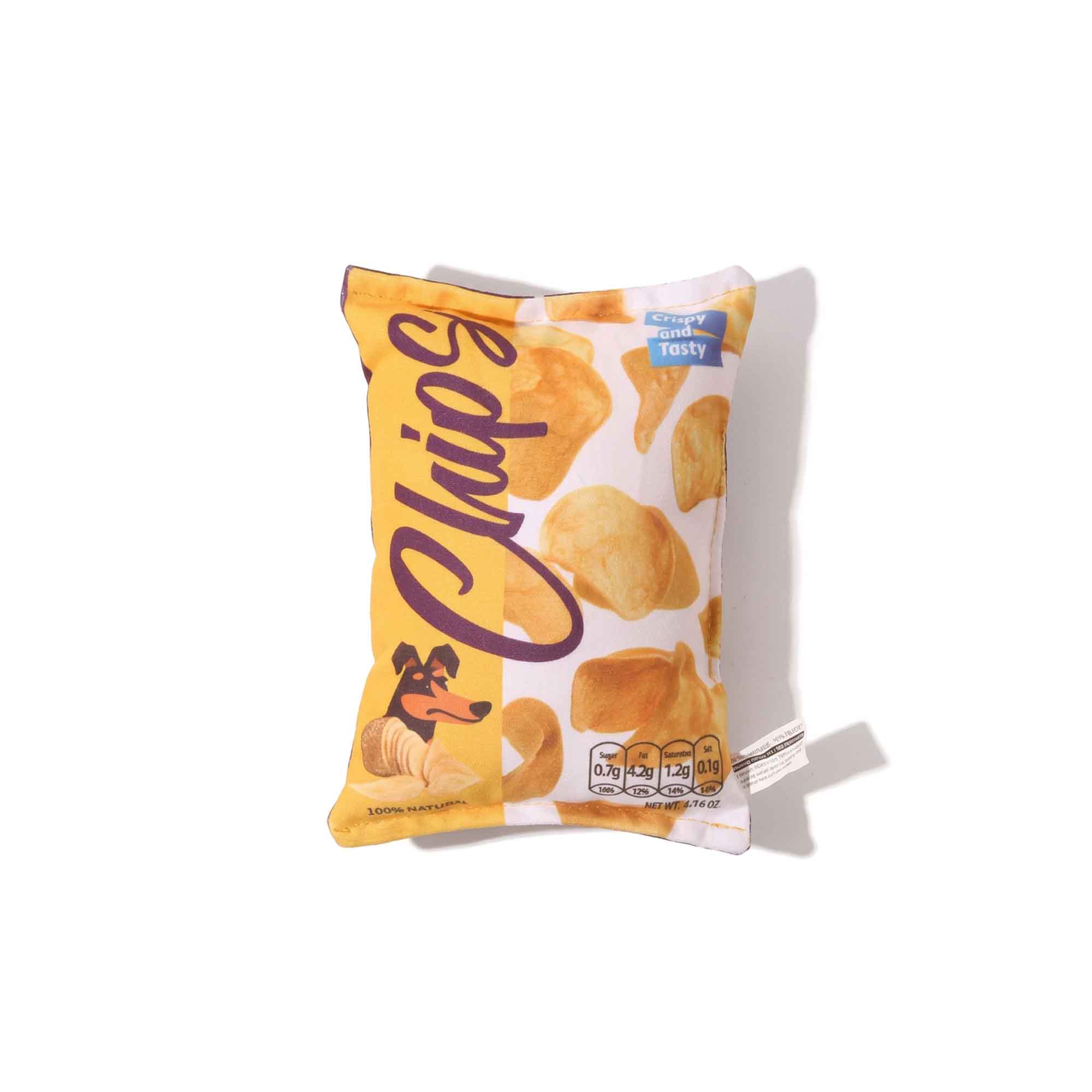Cute chips bag plush dog toy in yellow – soft squeaky crinkle toy with realistic potato chip design for chewing and play by PetsFave