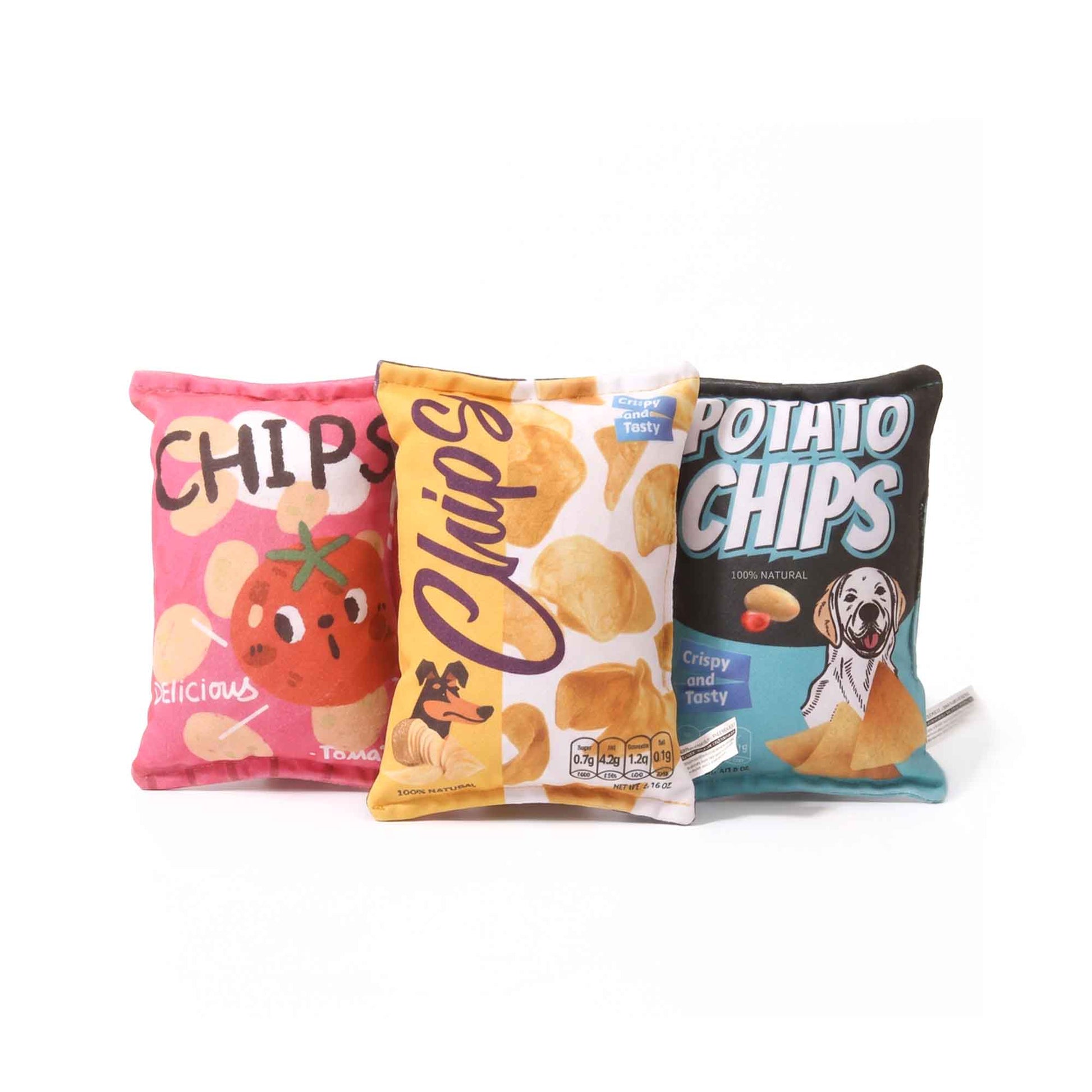 Set of 3 chips bag plush dog toys – yellow, pink tomato, and blue potato chip designs with squeaker and crinkle for fun fetch and chewing