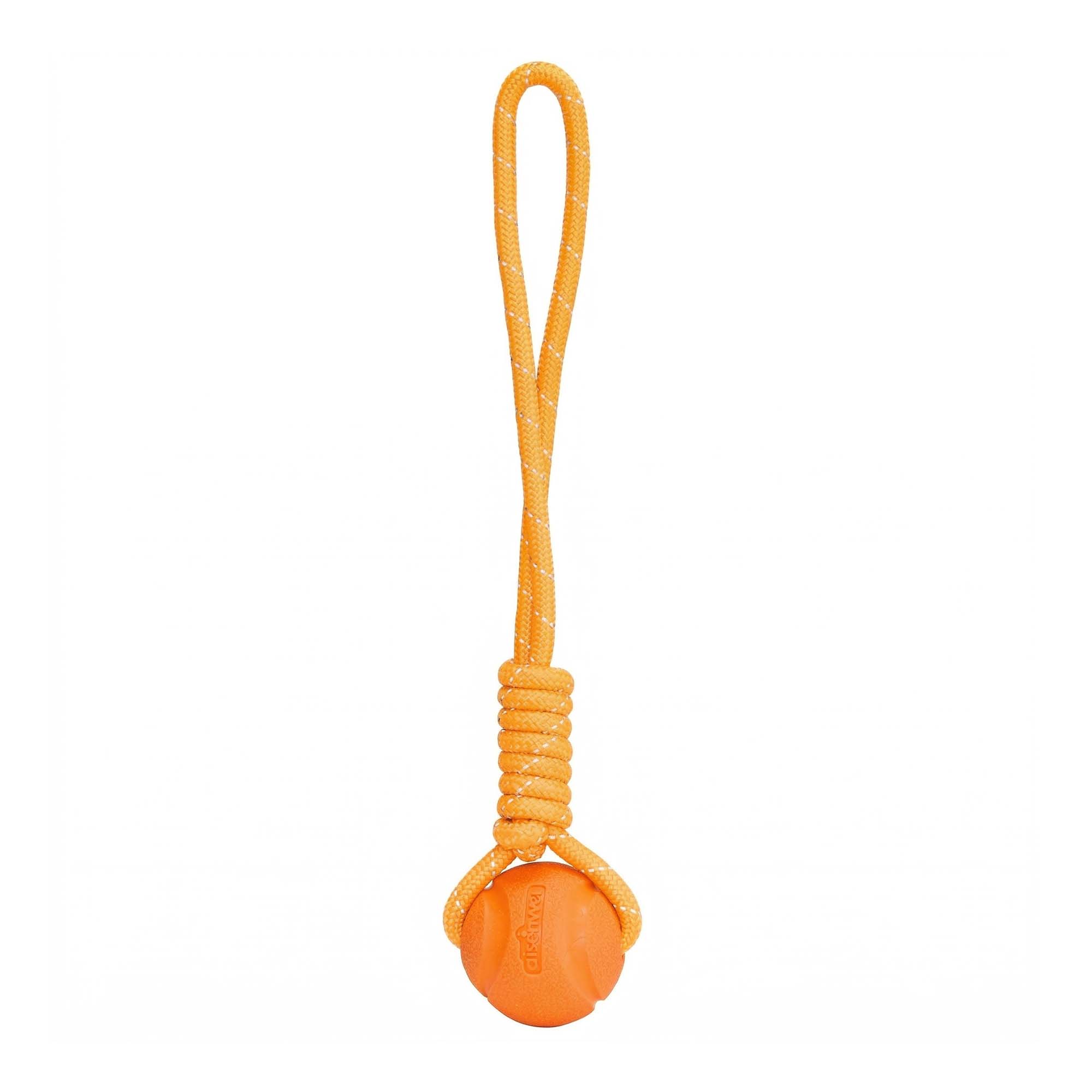 Close-up of high-quality durable rope with rubber ball dog toy – strong braided rope and reflective stripes for visibility