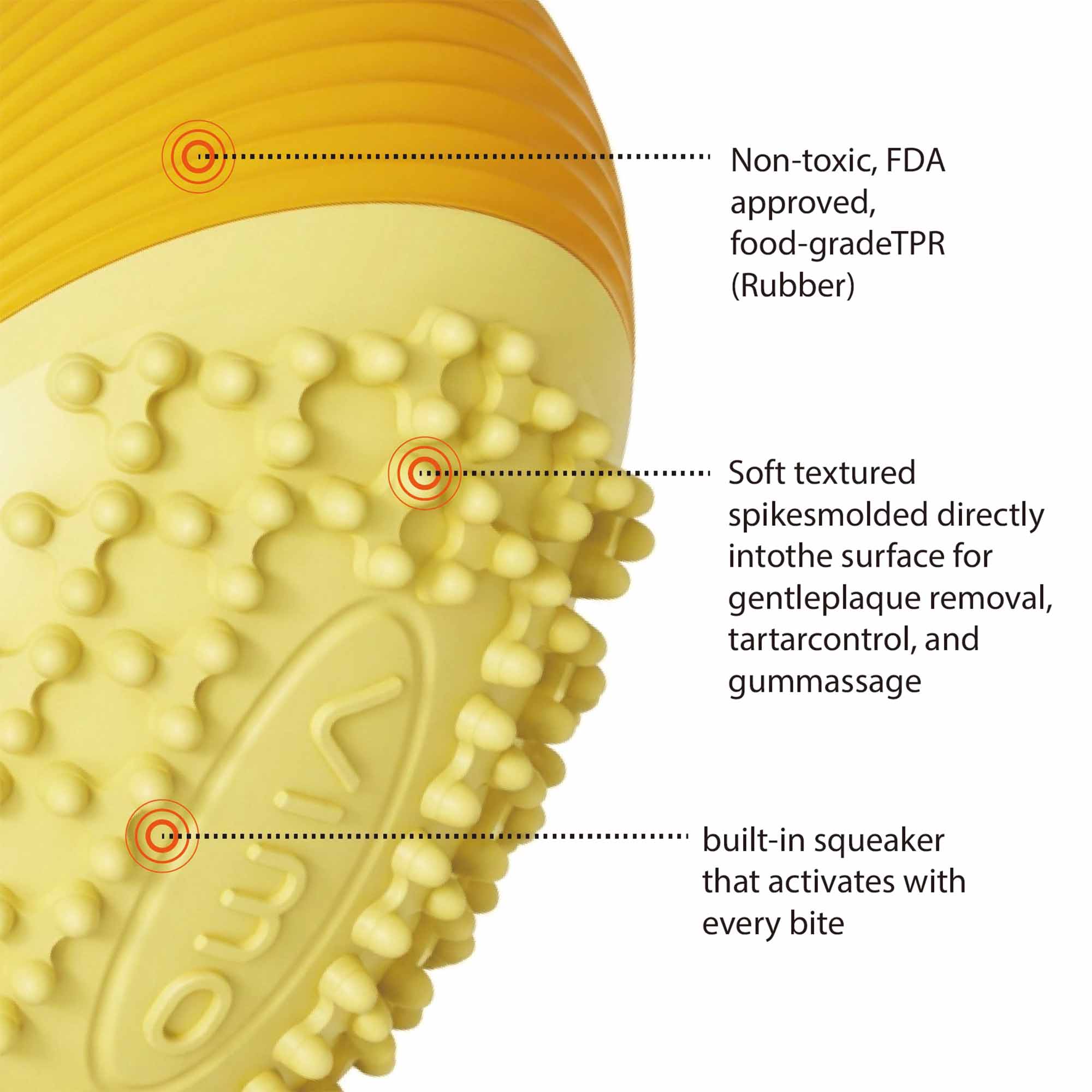 Close-up of Foodball dog toy surface – soft rounded nubs molded into food-grade TPR for plaque removal, tartar control, and gum massage