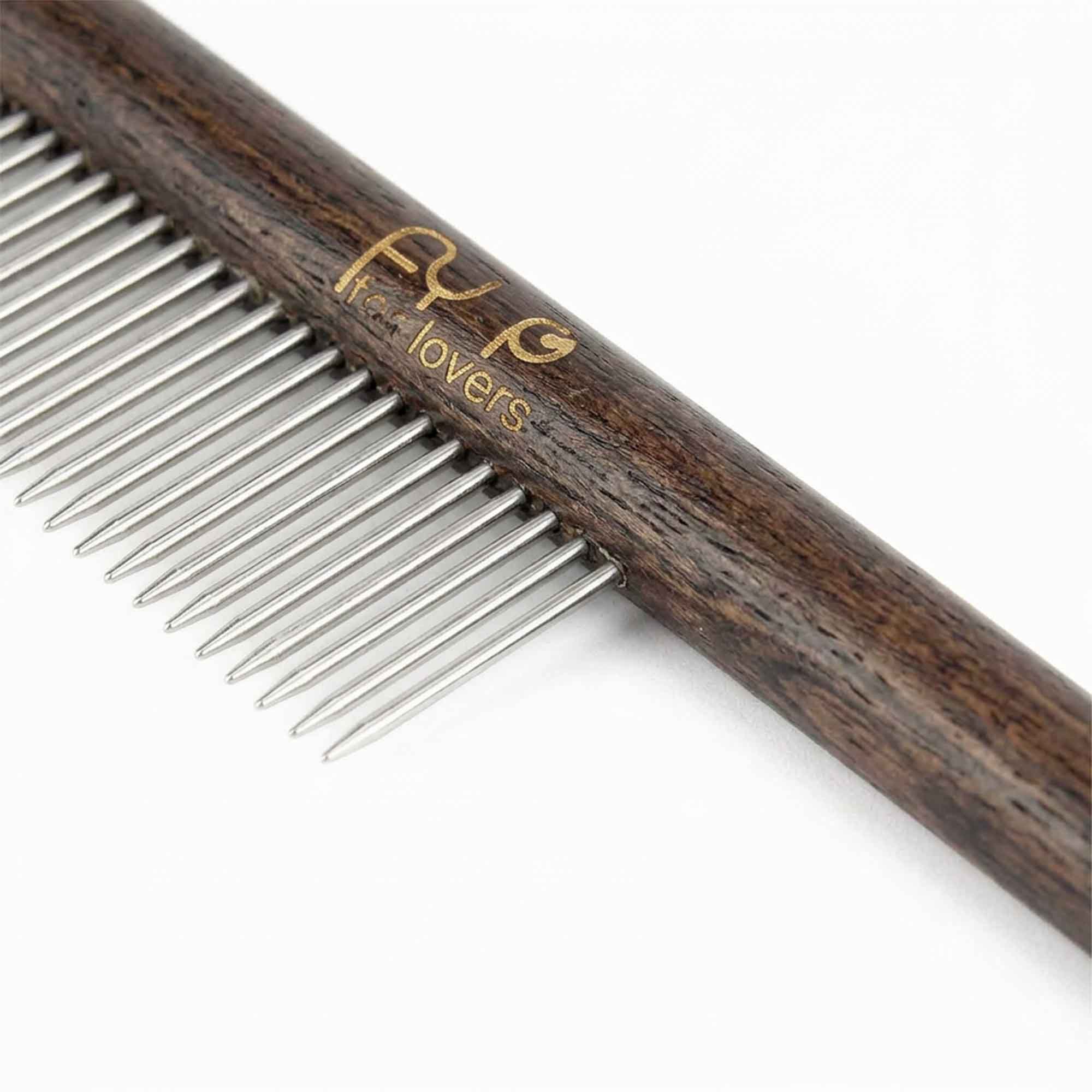 Close-up of stainless steel pins on pet grooming brush – rounded tips safe for skin and durable black wooden handle for comfortable deshedding
