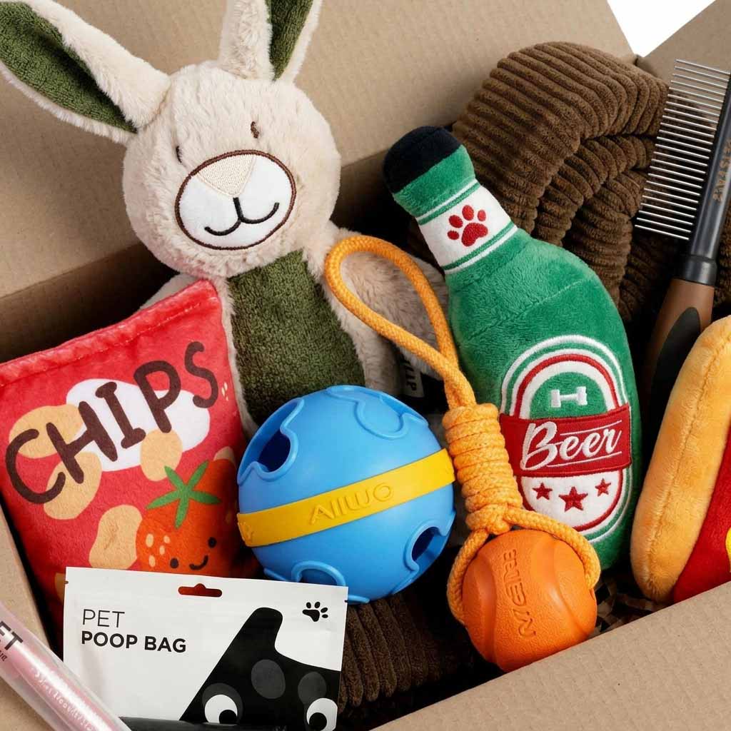 close up of Petsfave PETS FAVE cardboard box packed with terrier dog toys: plush bunny, chips bag, hot dog, green frog, brown rope, blue AIWO ball, orange rope toy and green beer bottle