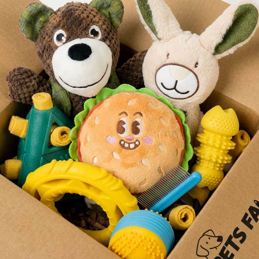 close up of an open Petsfave cardboard box packed with Working Group dog toys including plush bunny, teddy bear, burger, yellow rings, green letter A toy, toothbrush and poop bags