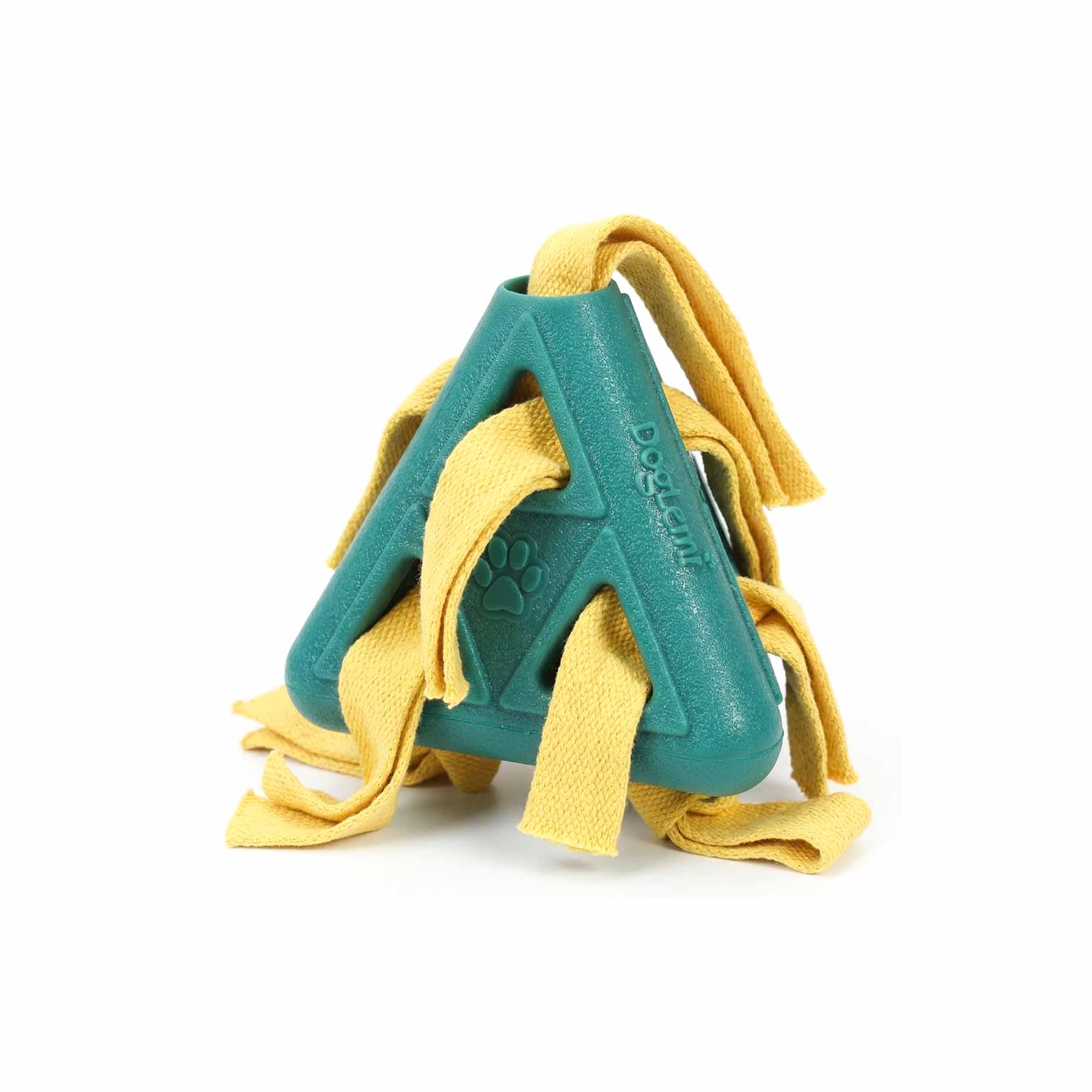 Close-up of teal TPR pyramid dog puzzle toy with yellow fabric rolls – easy treat loading and textured surface for gentle dental cleaning