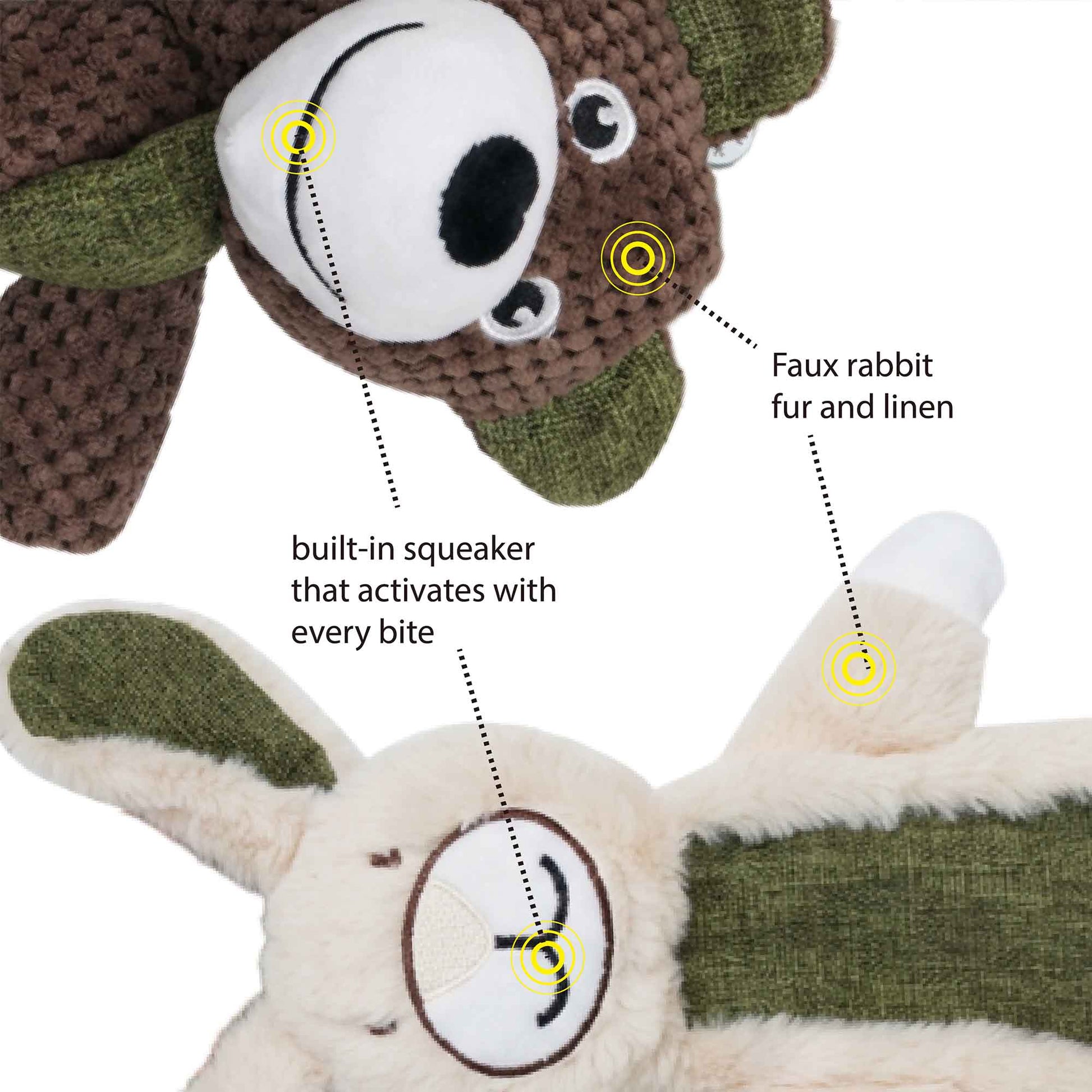 Close-up of squeaky bear/rabbit plush dog toy showing soft faux rabbit fur, linen scarf, and gentle textured areas for plaque removal and gum massage