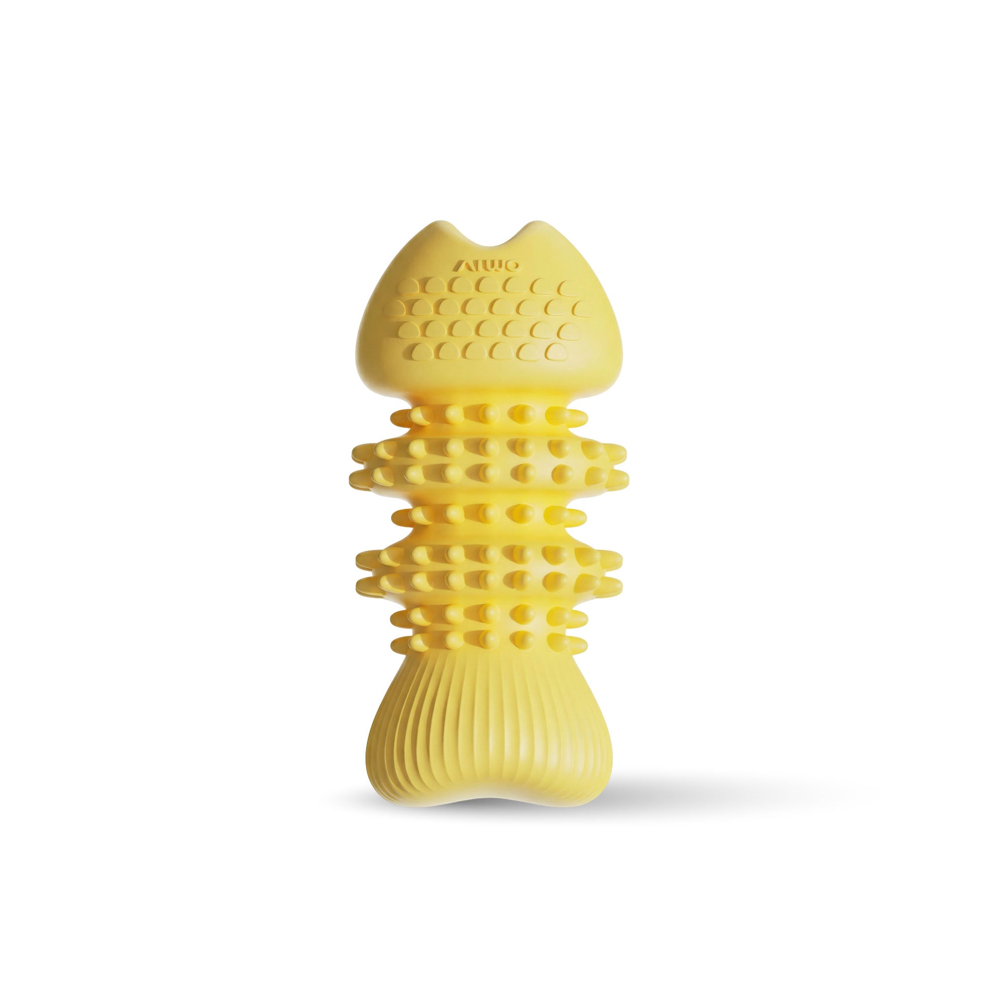 Close-up of durable squeaky fish bone dog chew toy in TPR – soft spikes for teeth cleaning and gum massage, high-quality construction