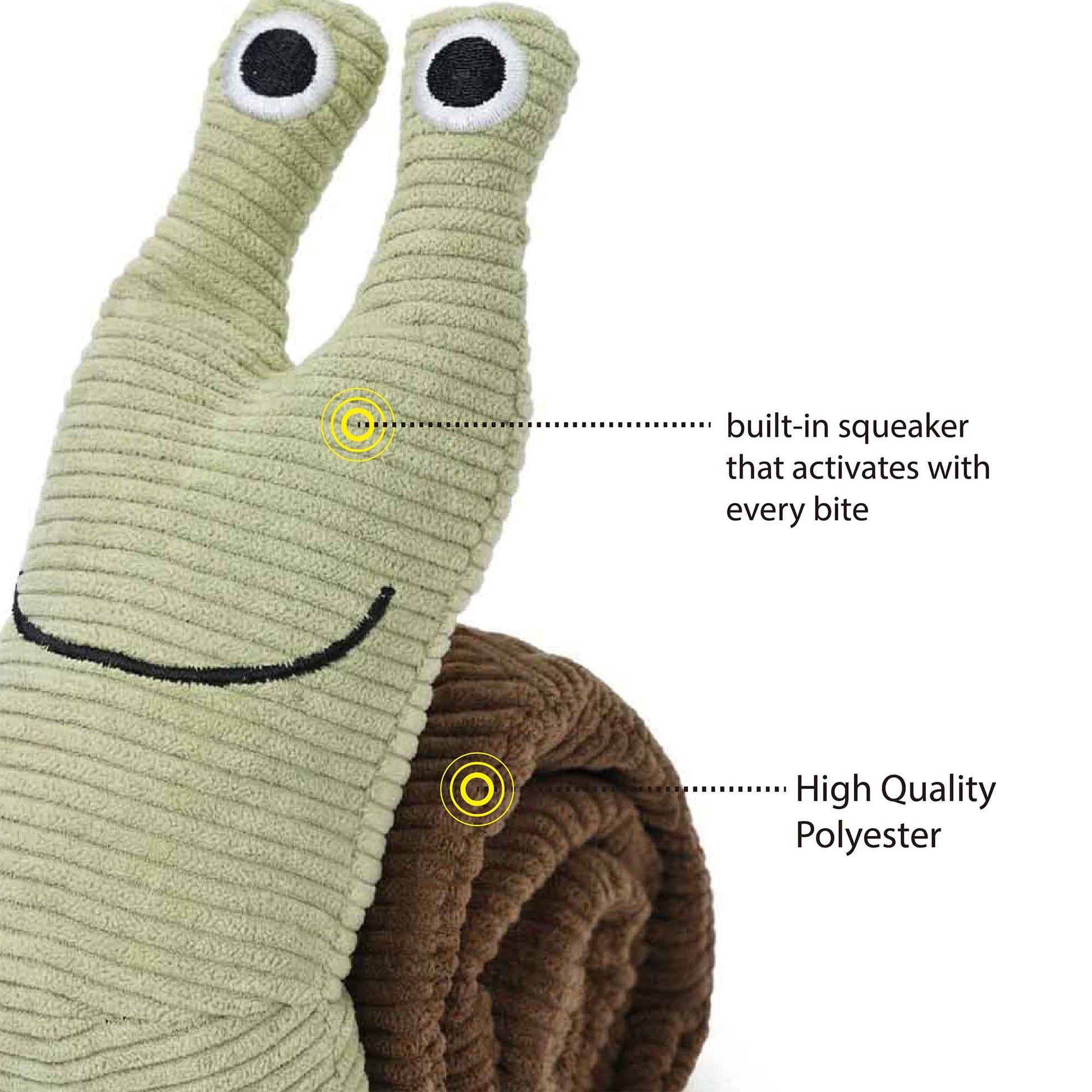 Cute green antenna detail on brown corduroy snail plush dog toy – high-quality polyester with gentle texture for dental benefits and safe chewing
