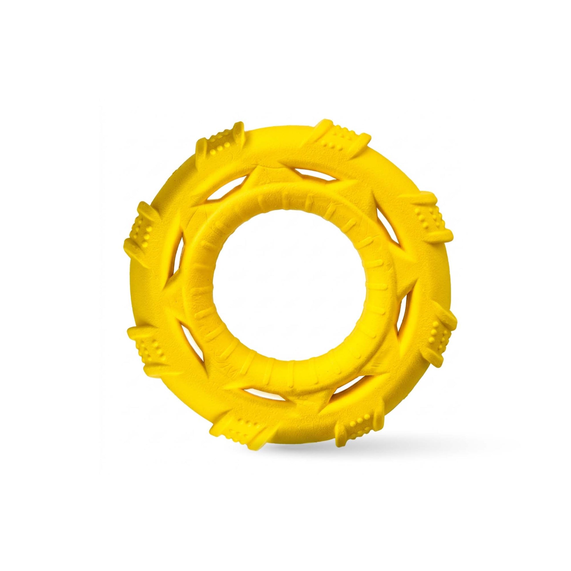 Close-up of TPR dog frisbee ring showing soft textured nubs for gentle plaque removal and gum massage during play