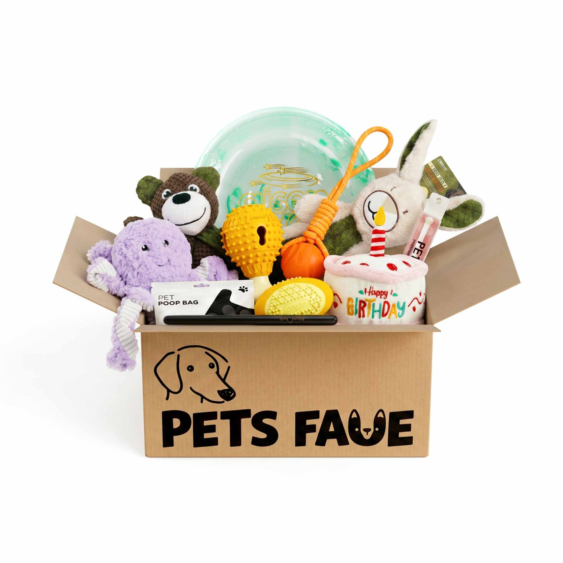 Curated dog toy bundle gift box featuring plush toys, chew toys, enrichment toys, and accessories for family dogs