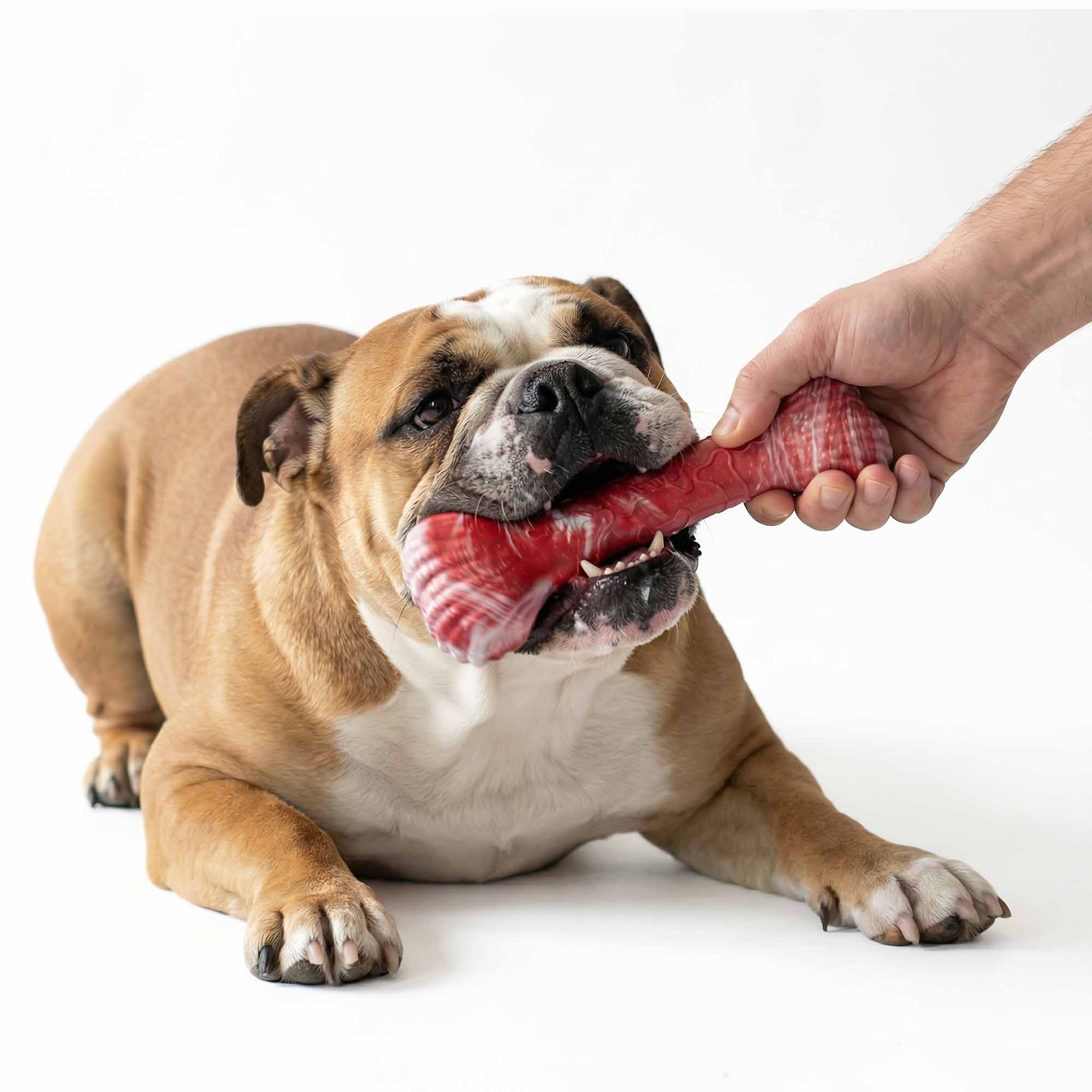 English Bulldog playing tug with red marble TPR bone dog chew toy held by human hand, showing strong grip and interactive fun