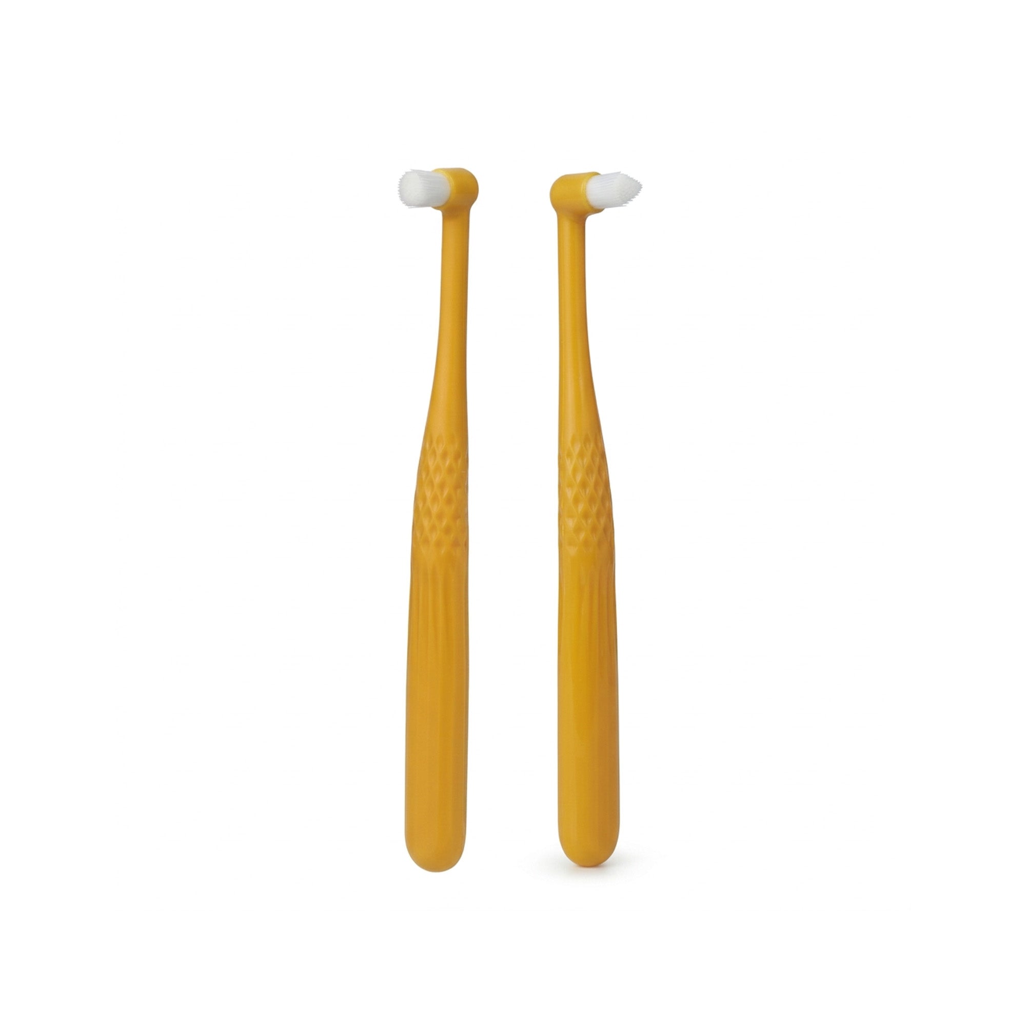 Dual-head dog toothbrush set with yellow handle – tapered tip for back teeth and rounded tip for front, soft silicone bristles by PetsFave