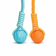 Durable rope with rubber ball dog toy in orange and turquoise – reflective stripe tug and fetch toy by PetsFave