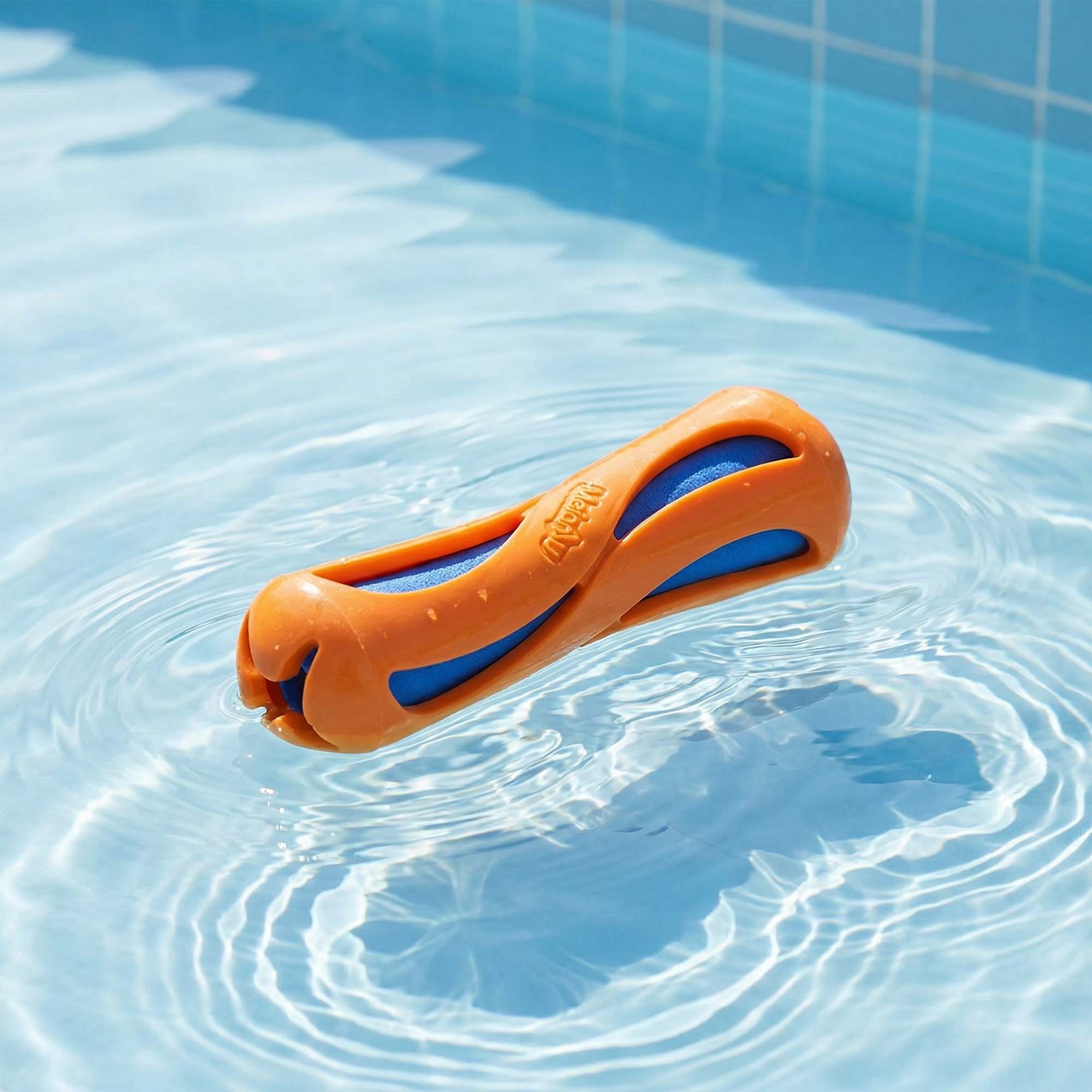 Durable Swim Noodle Dog Toy floating in a swimming pool, perfect water-resistant fetch toy for dogs