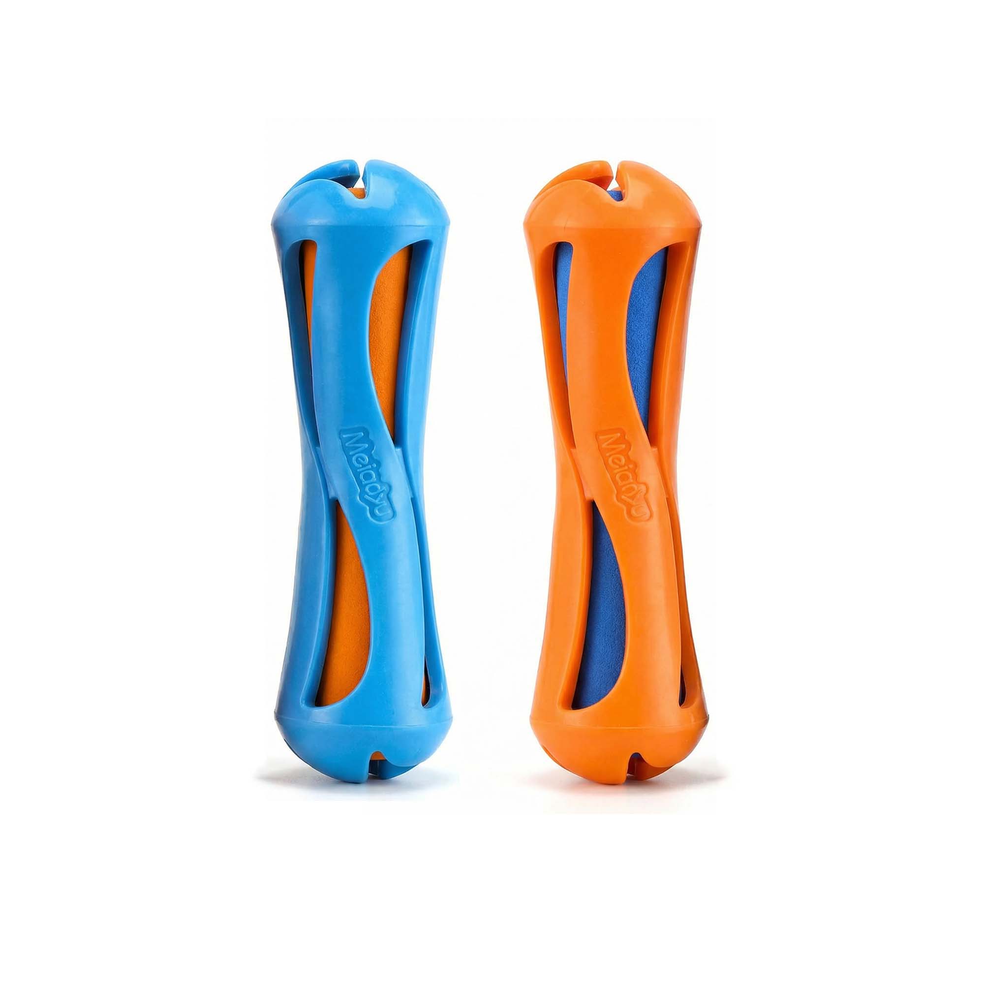 Durable Swim Noodle Dog Toy in orange and blue colors, two vibrant floating fetch toys shown side by side