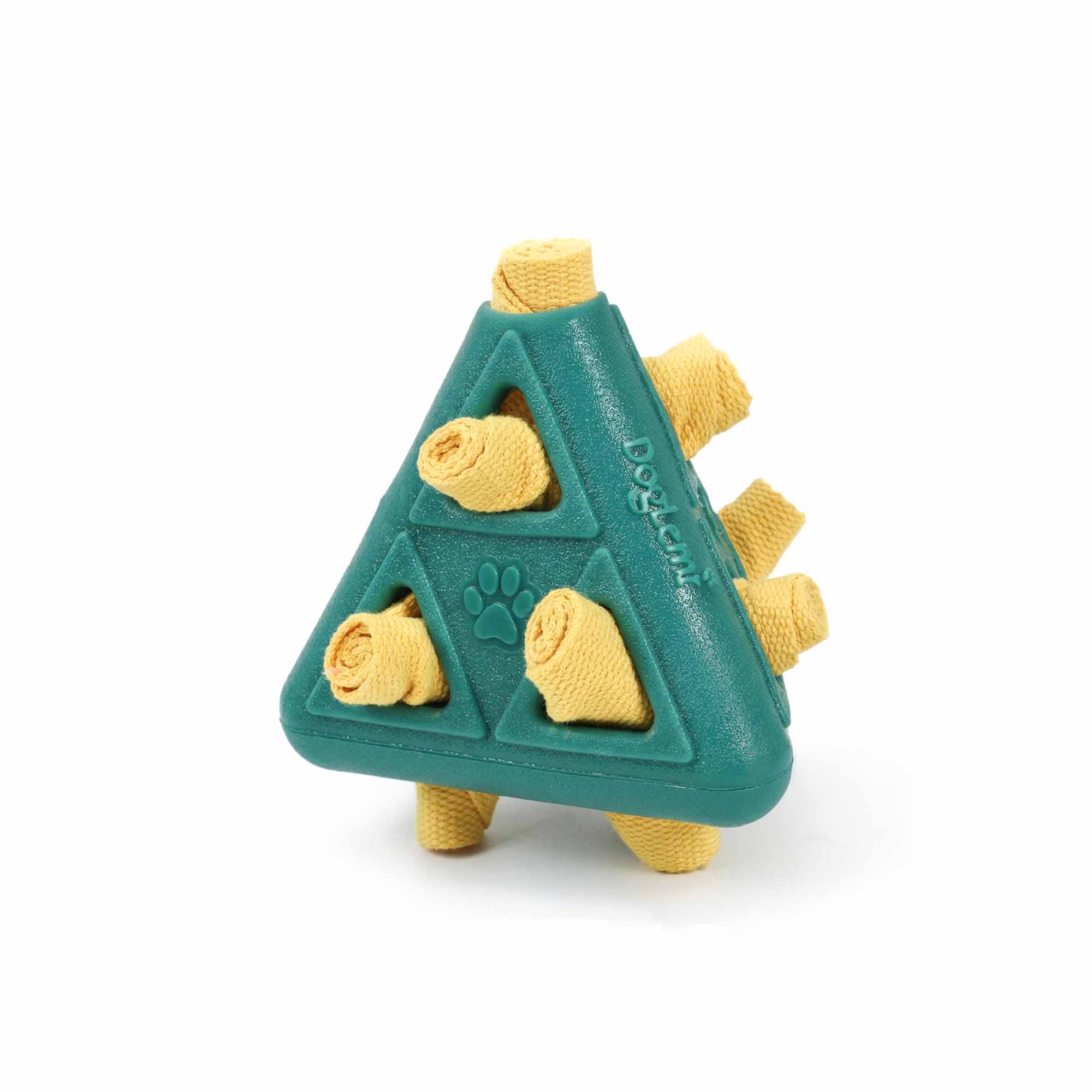 Teal pyramid treat puzzle dog toy with non-toxic TPR and yellow fabric rolls – made for food-motivated enrichment and nose work, and strong chewers, easy treat stuffing, and boredom-busting fun