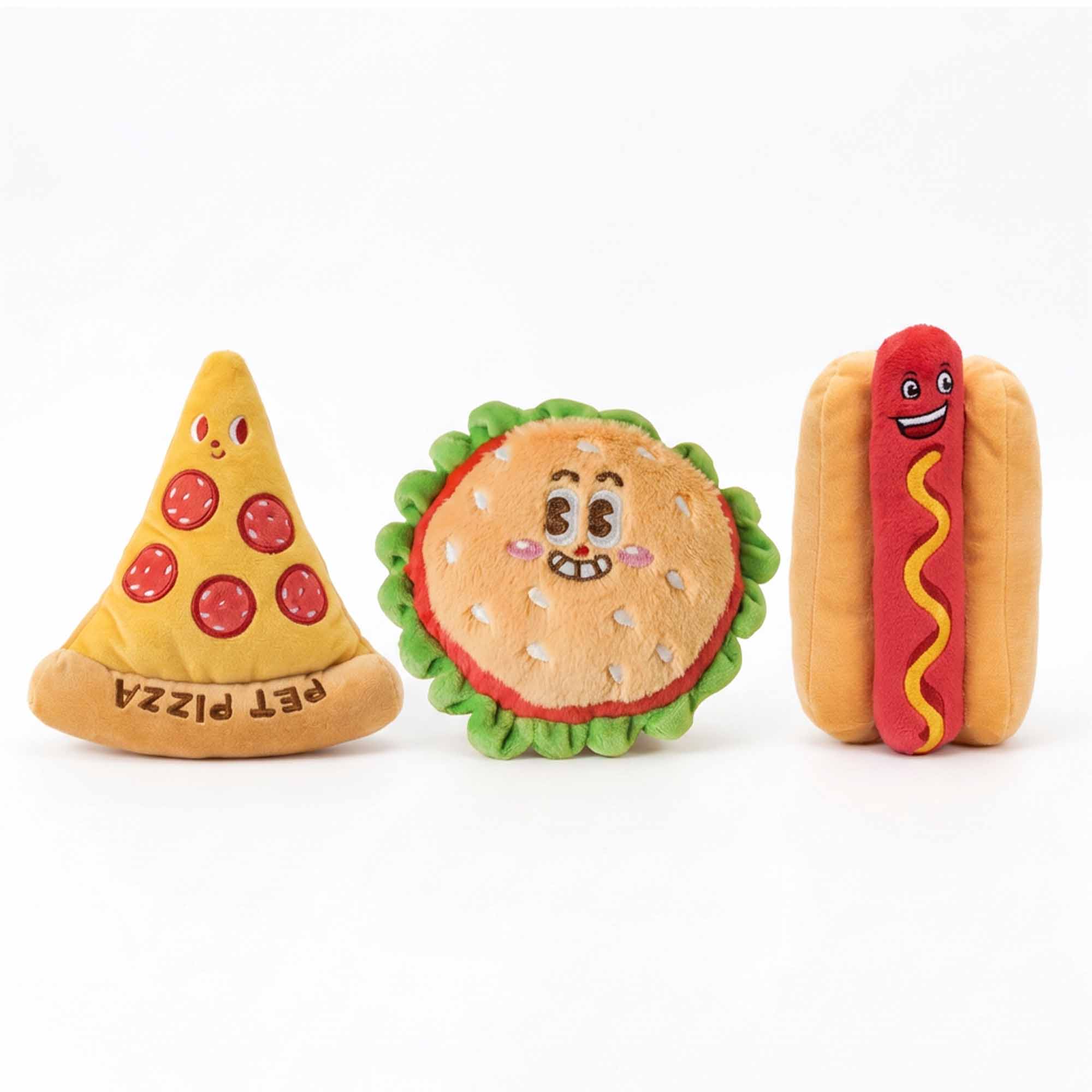 Cute pizza, burger, and hot dog plush dog toys – soft squeaky plush for chewing, snuggling, and interactive play by PetsFave