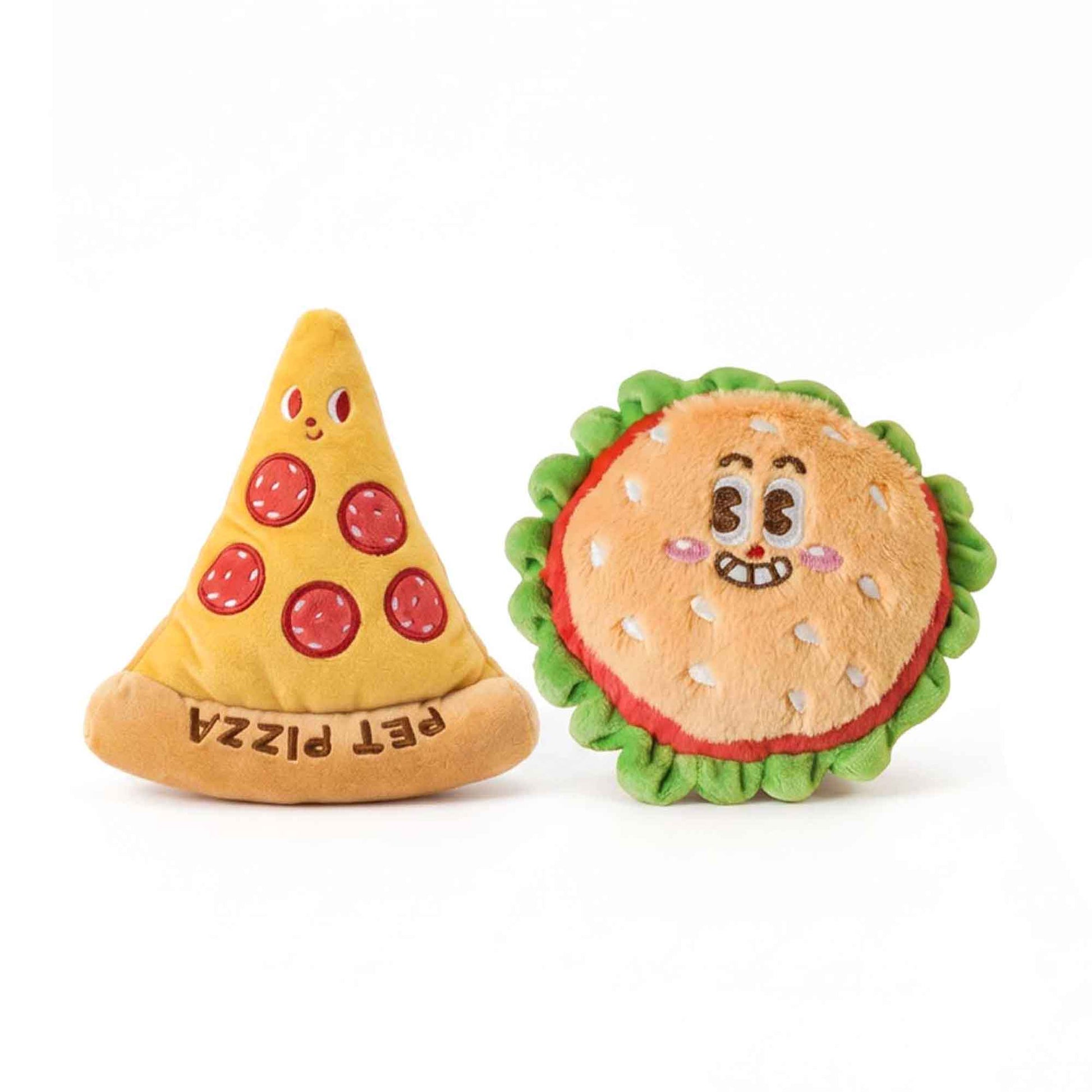 Cute pizza, burger plush dog toys – soft squeaky plush for chewing, snuggling, and interactive play by PetsFave