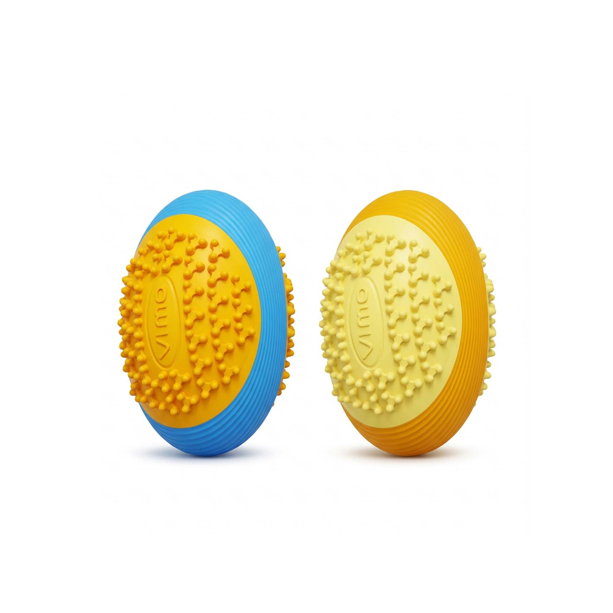 Foodball squeaky dog toy – football-shaped TPR with teeth-cleaning nubs and built-in squeaker, yellow/blue and yellow/orange by PetsFave