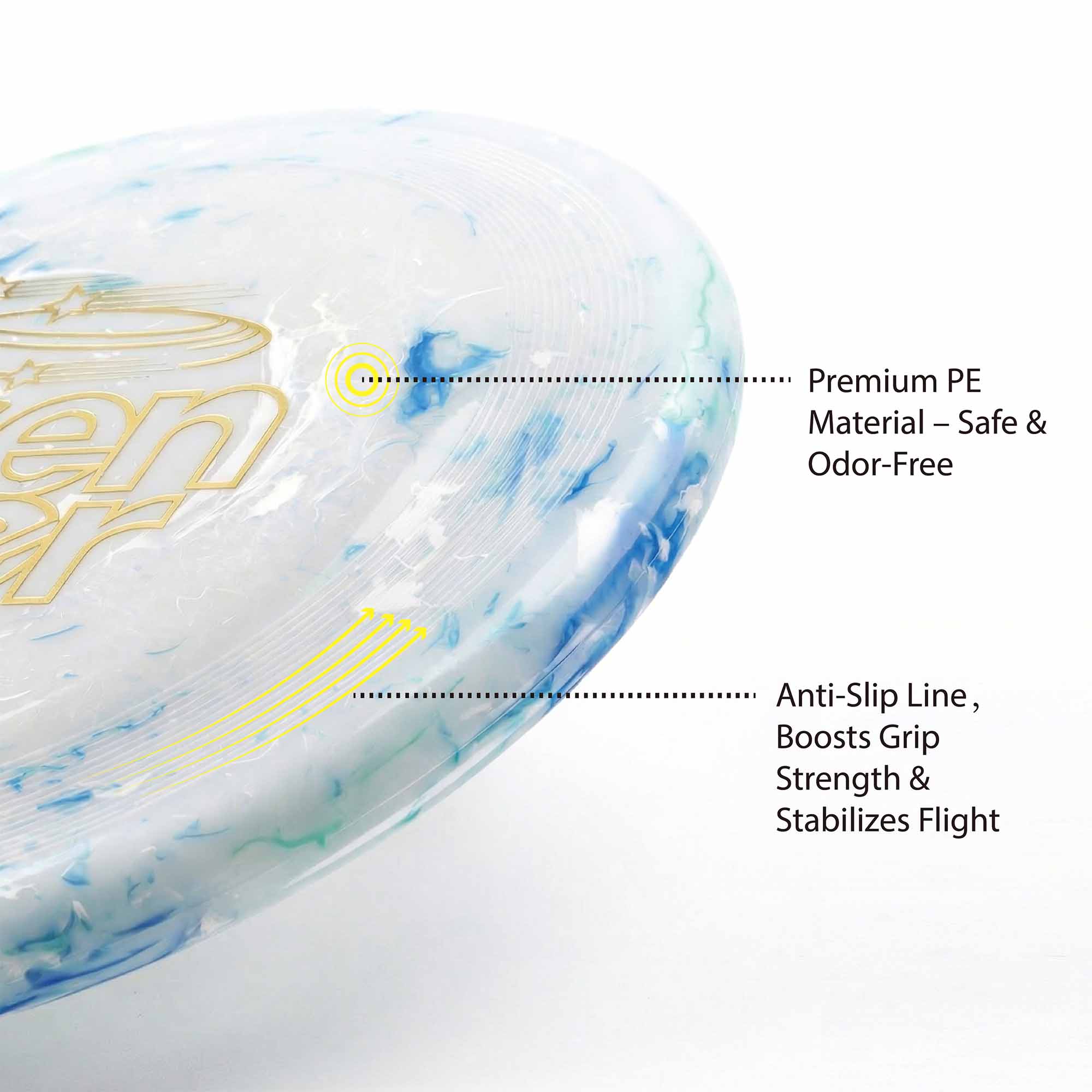 Bottom view of blue frisbee dog toy – premium PE with gold logo, aerodynamic texture, and anti-slip line for stable, long-distance throws