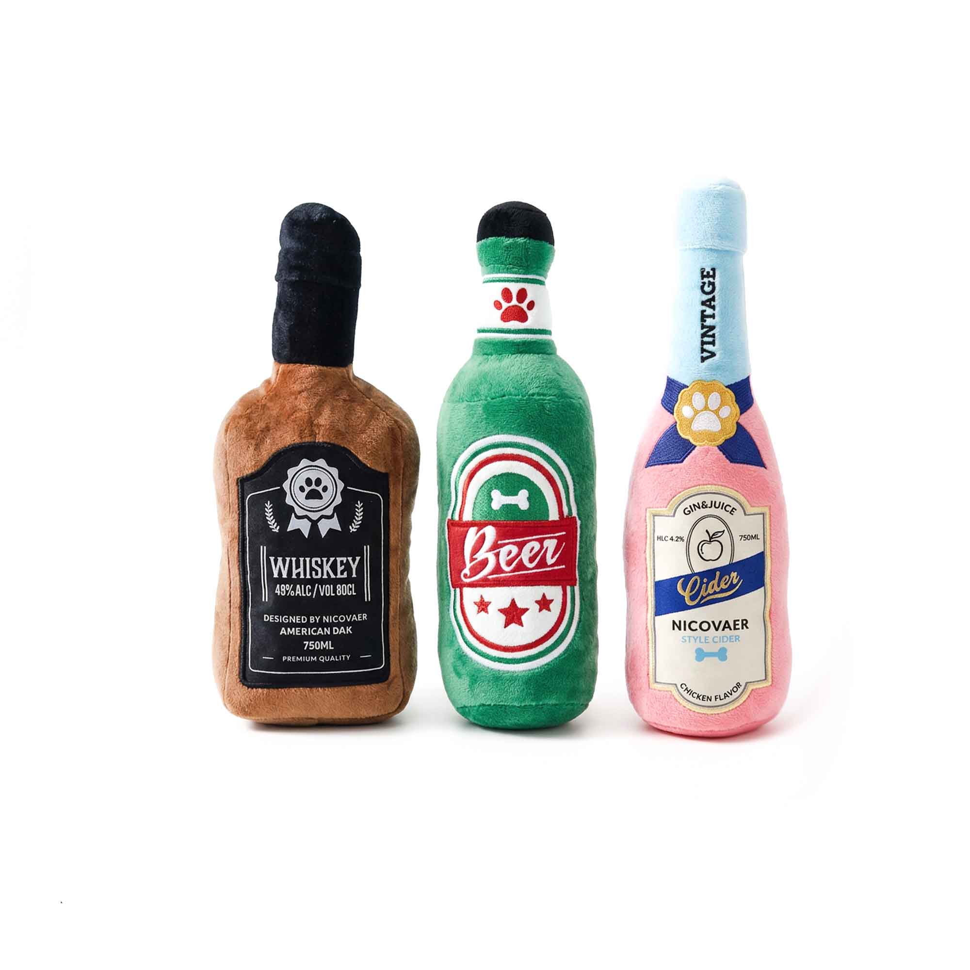 Funny booze bottle plush dog toys set – whiskey, beer, and pink cider collection with squeaker and chicken flavor design