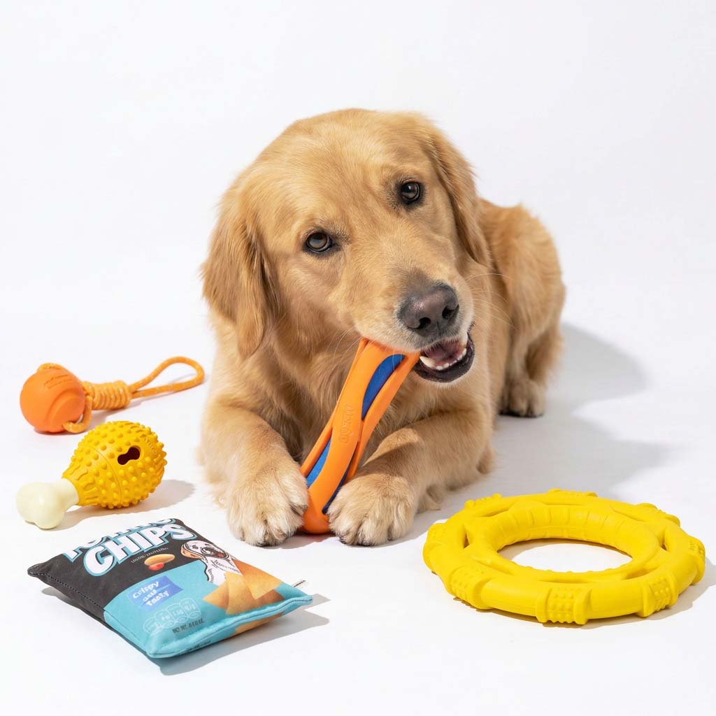 Golden Retriever dog lying down holding an orange and blue stick toy from the Petsfave Sporting Group bundle, surrounded by potato chips bag, yellow knobby ball and yellow ring toys