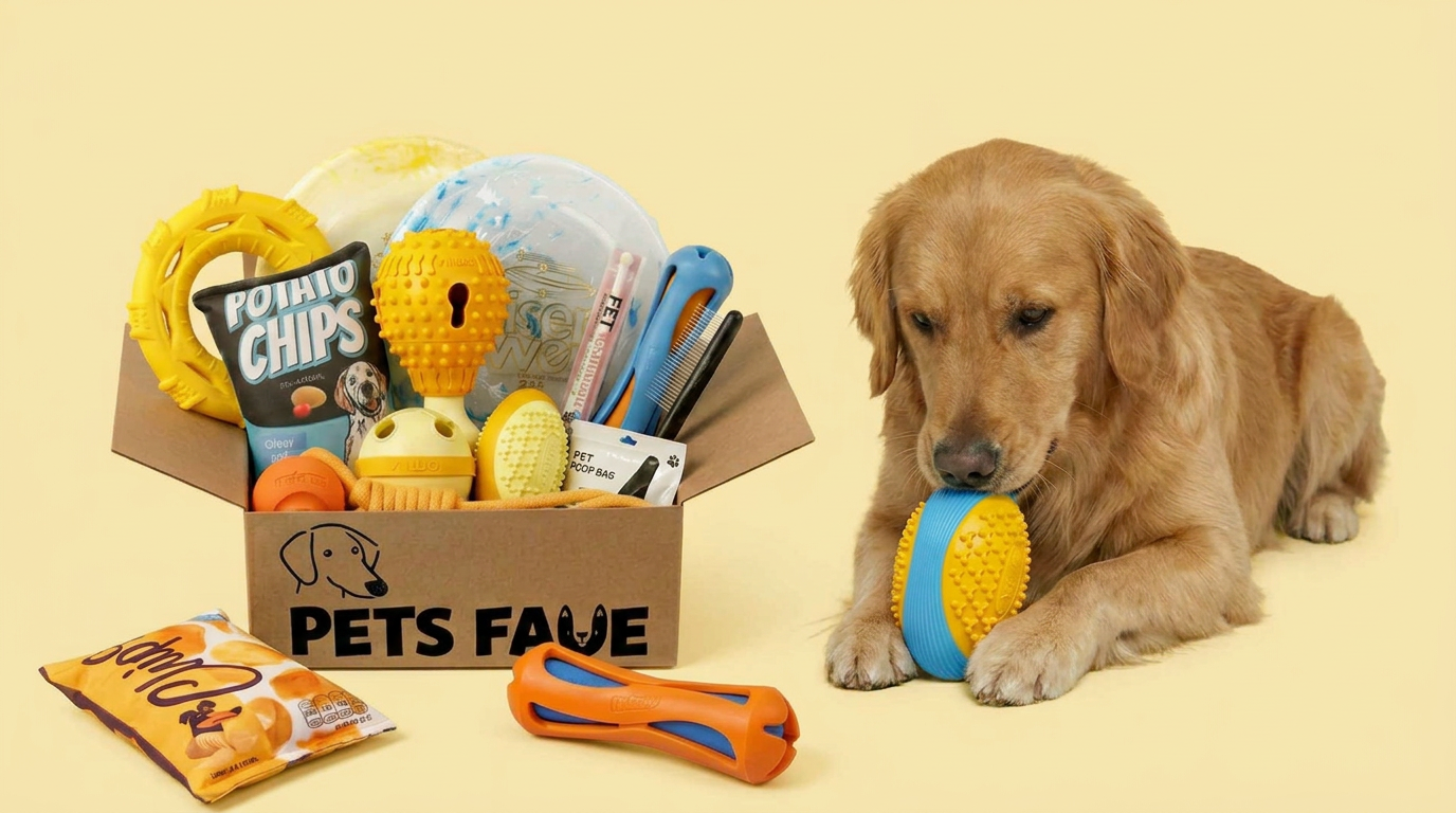 Golden Retriever lying next to open Pets Fave box filled with Sporting Group dog toys bundle, including rings, balls, and chew toys