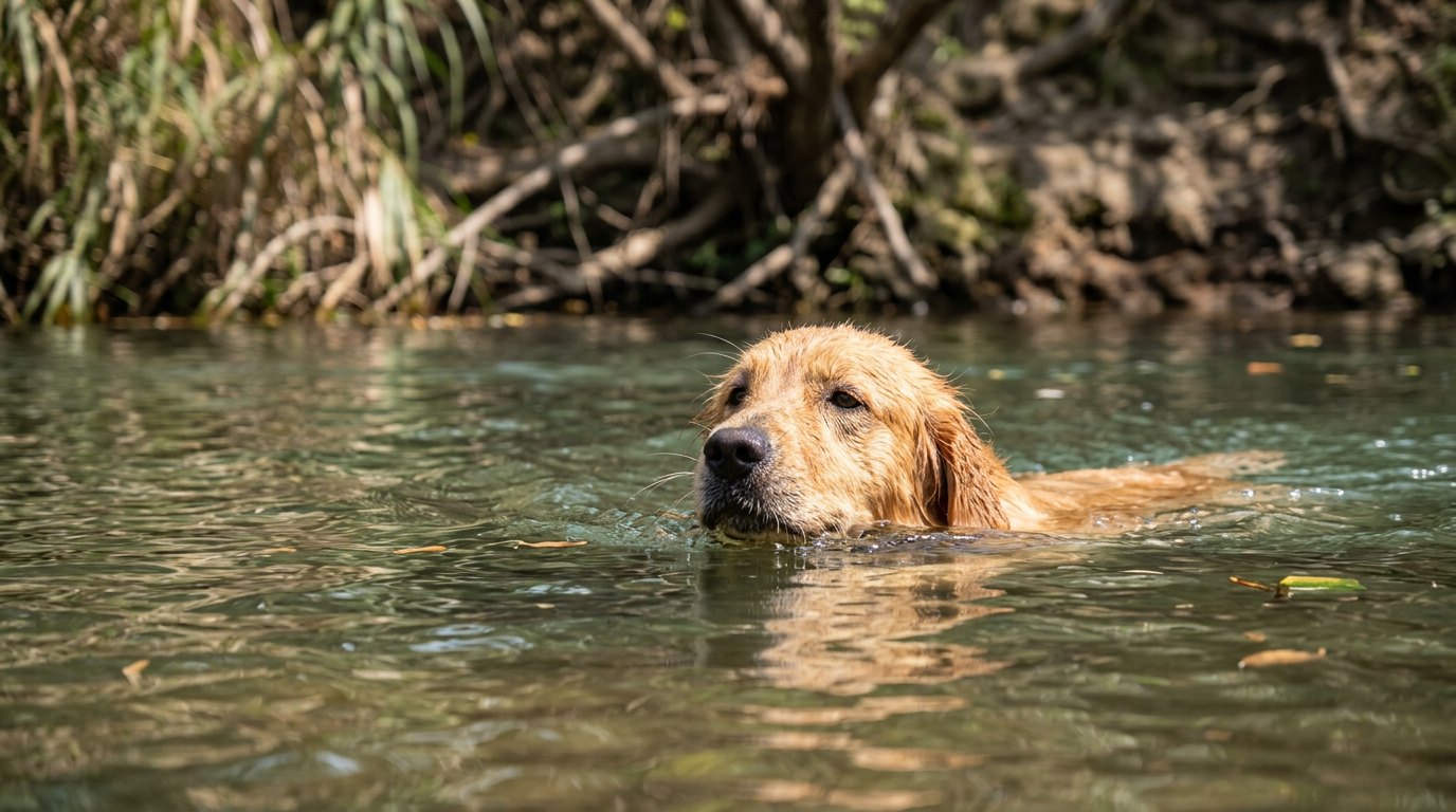 Happy Golden Retriever swimming in the water enjoying outdoor play, perfect for active dogs and Sporting Group toy bundle